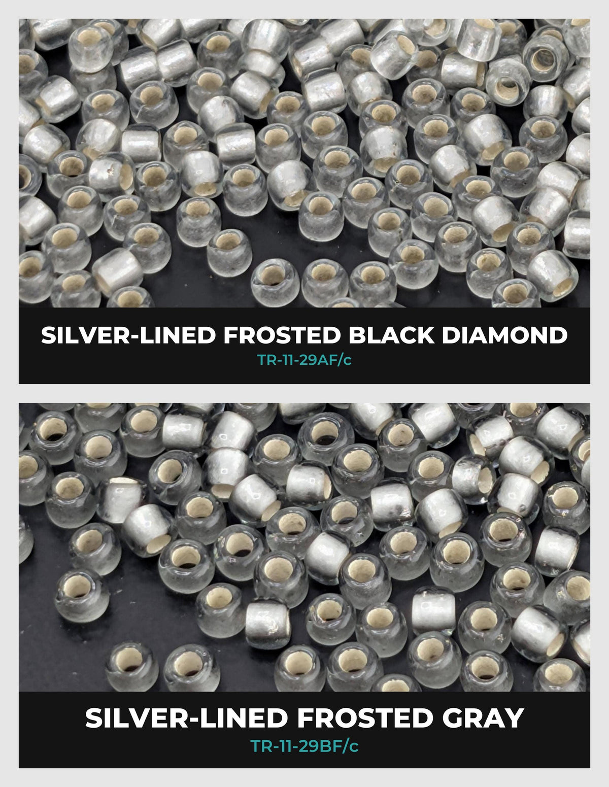 two separate images of silver-lined frosted black diamonds and frosted gray beads. The first image shows a collection of silver-lined frosted black diamonds, while the second image displays a collection of frosted gray beads.