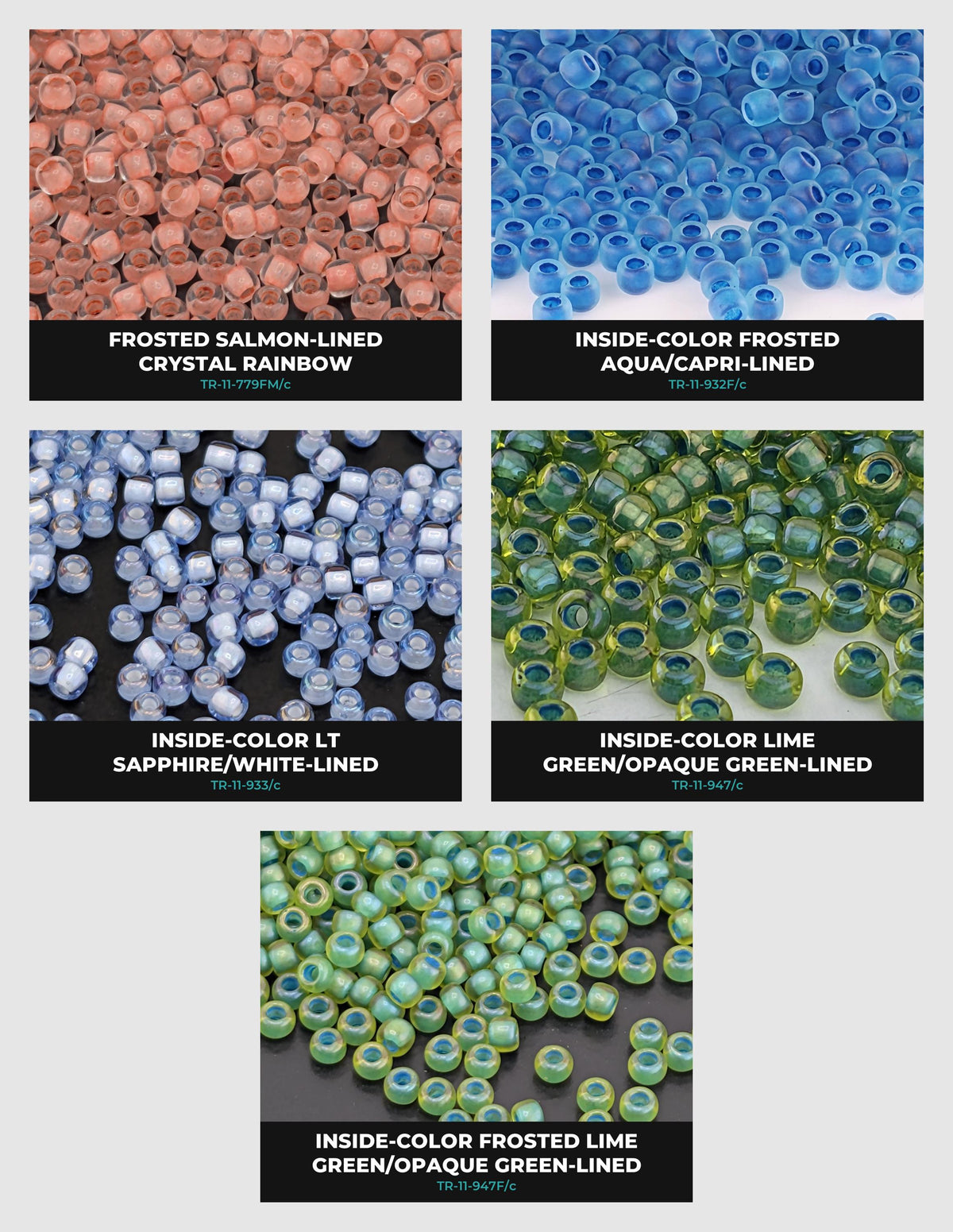 six different colored beads, including a variety of frosted and color-lined beads, as well as some green and aqua-colored beads.