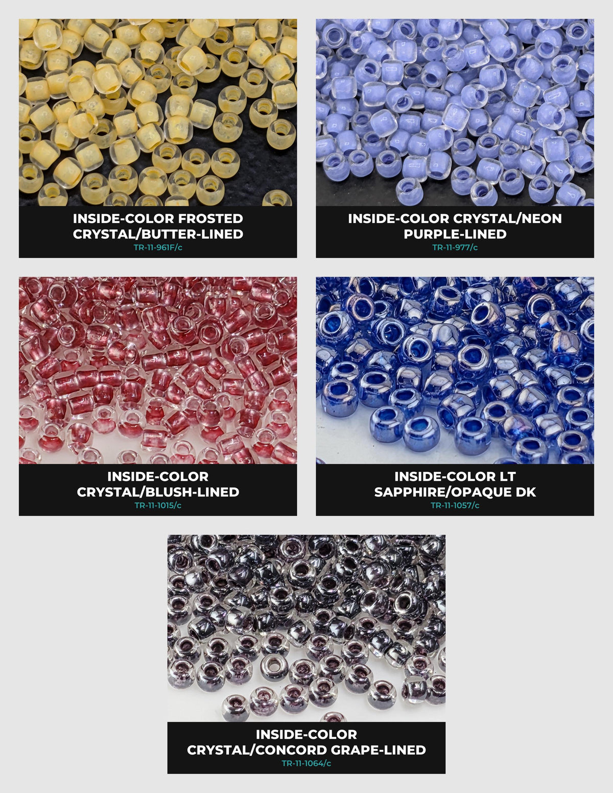 six different types of beads, each with a unique color and texture, arranged in a grid format.