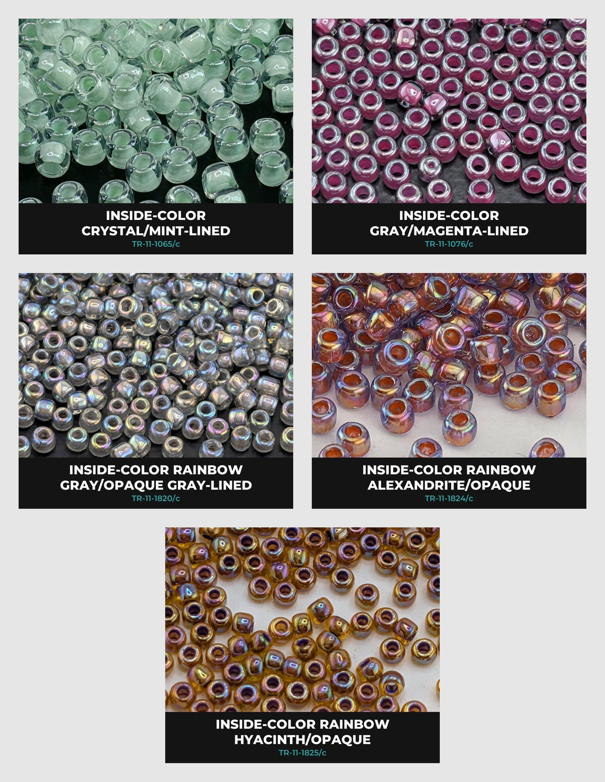 a collection of six different types of beads, each with unique colors and patterns. The beads are arranged in a grid format, with each row representing a different type of bead and each column representing a different color or pattern. The image does not contain any text, and the descriptions provided are concise and avoid redundancy.