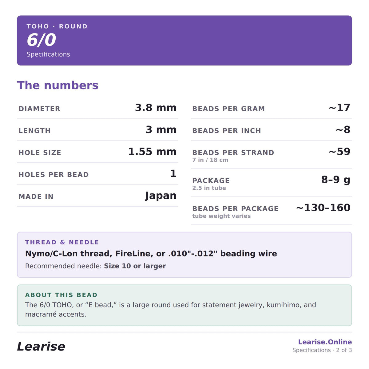 specifications for a round 6/0 tote, including the number, dimensions, bead count, and materials. It also lists the recommended thread and needle for the beads, as well as the types of beads used for statement jewelry, kumihimo, and macramé accents.
