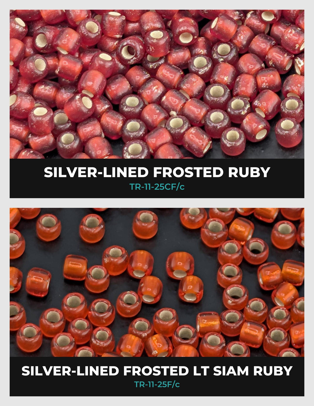two different types of beads: silver-lined frosted ruby beads and silver-lined frosted lt siam ruby beads. The two images show the beads in various arrangements, with the silver-lined frosted ruby beads appearing in a larger quantity and the silver-lined frosted lt siam ruby beads in a smaller quantity.