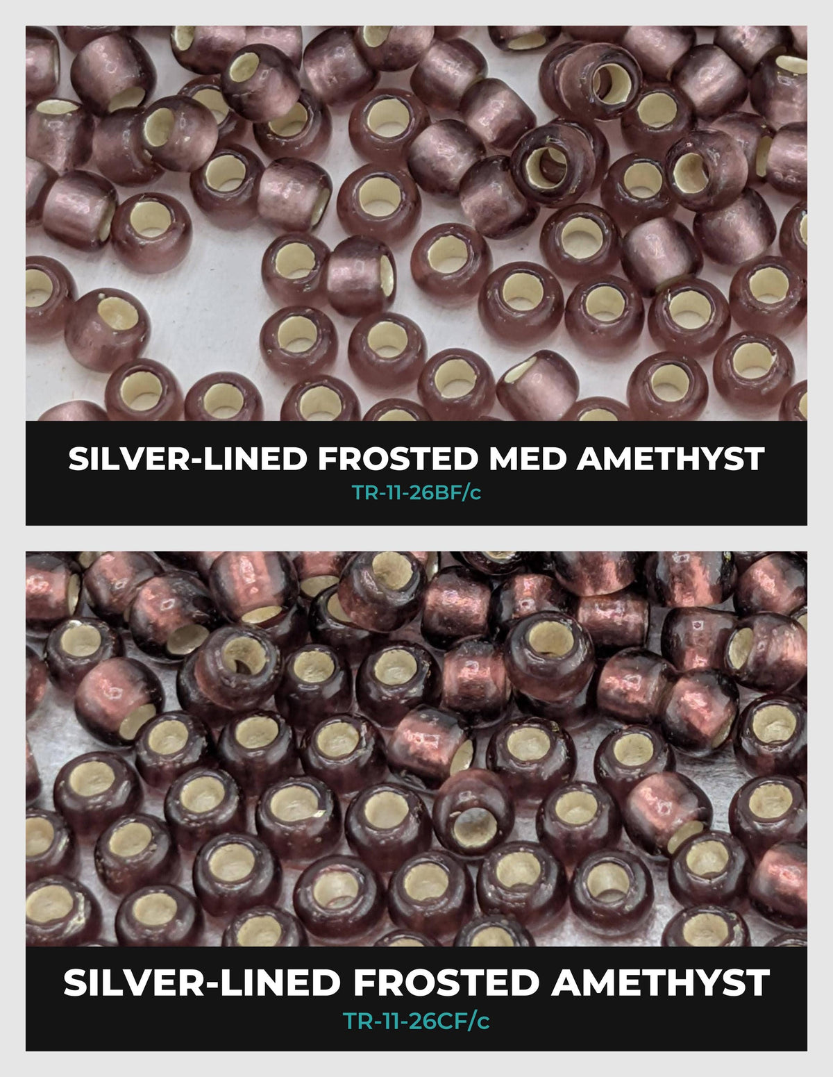 two different types of silver-lined frosted amethyst beads, with one set appearing to be a silver-lined frosted amethyst and the other set appearing to be a silver-lined frosted amethyst.