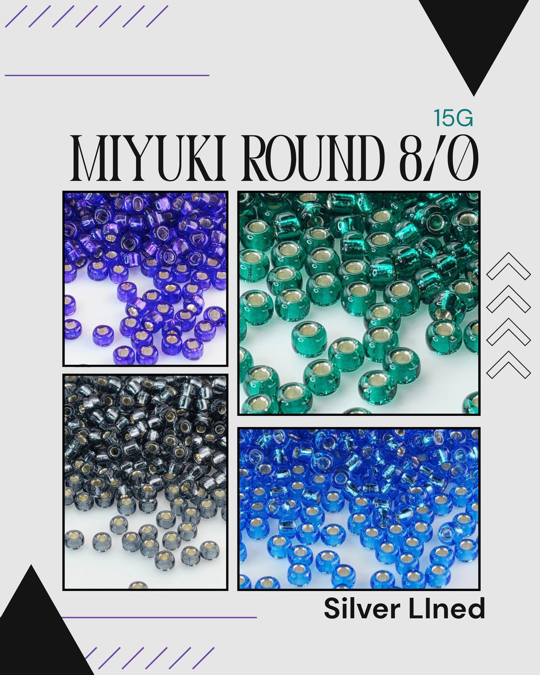The image is a collage of four images showing different colored beads, including silver-lined beads.