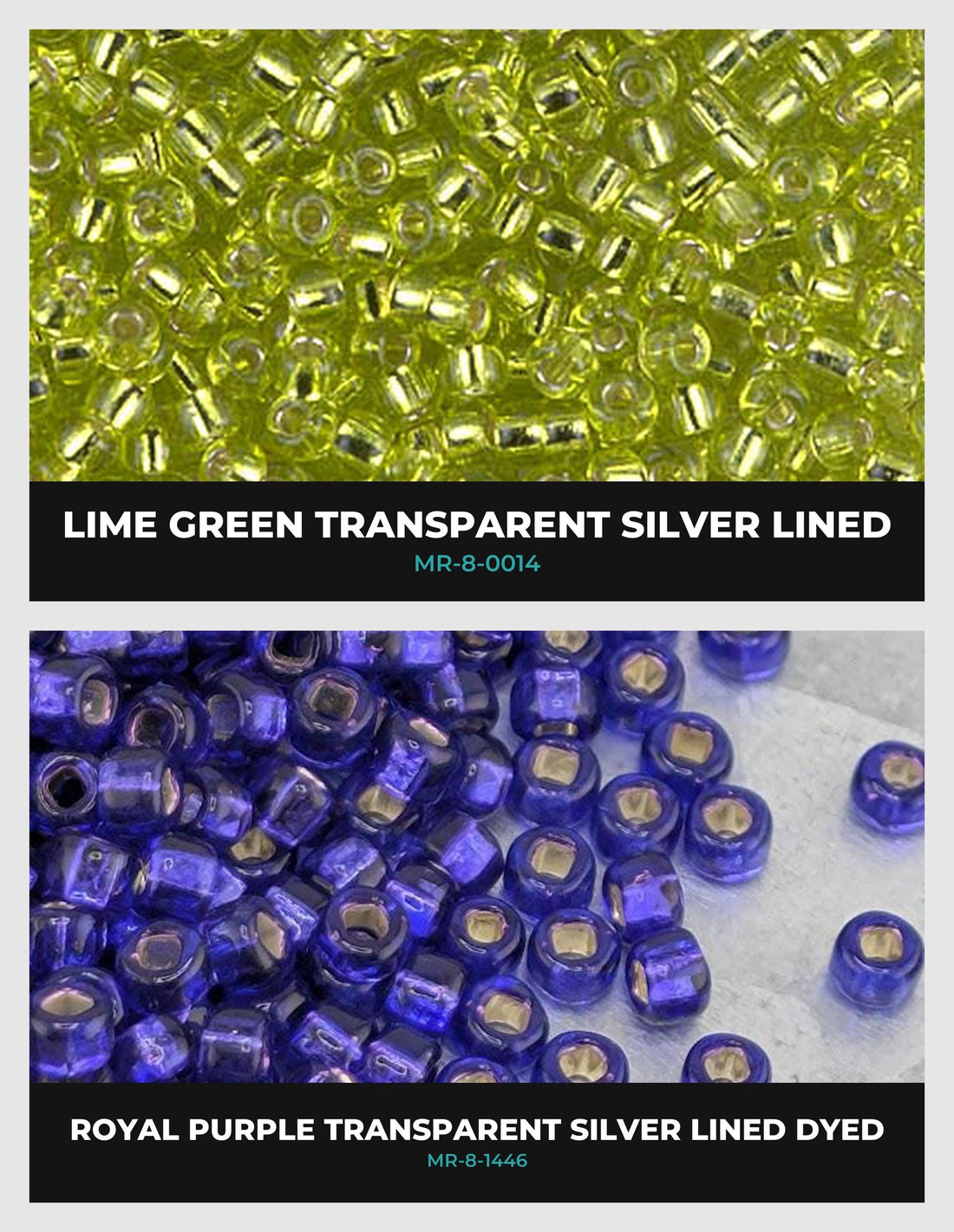The image is a collage of four images showing different colored beads, including silver-lined beads.