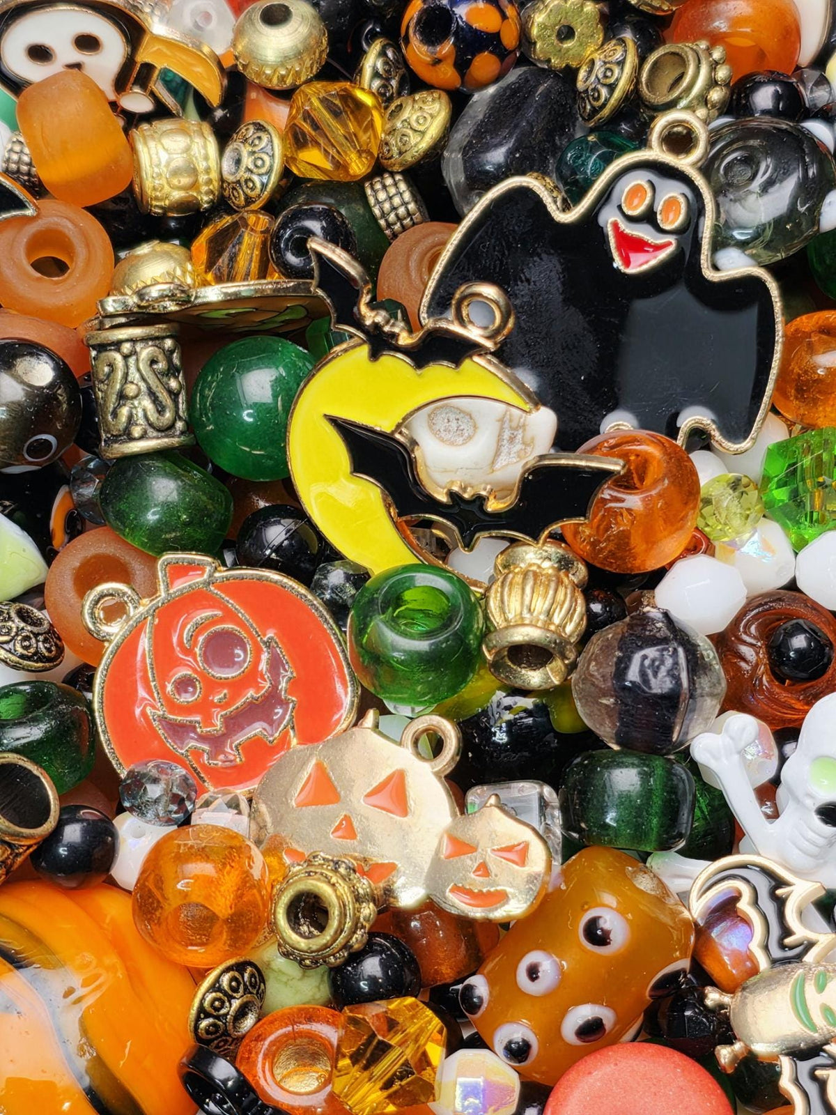 Trick or Treat Bead Soup Mix, Orange Black and Green Glass with Halloween Enamel Charms | Halloween Beads | DIY Jewelry Kit