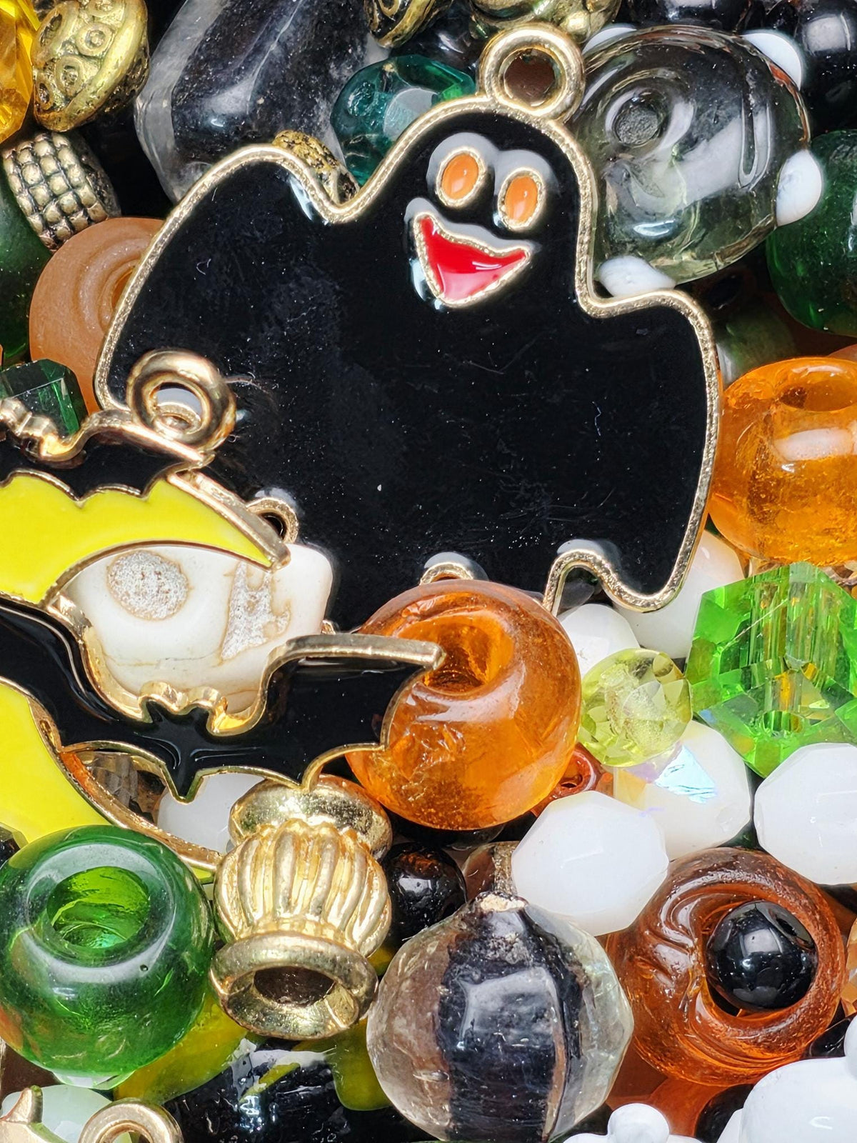 Trick or Treat Bead Soup Mix, Orange Black and Green Glass with Halloween Enamel Charms | Halloween Beads | DIY Jewelry Kit