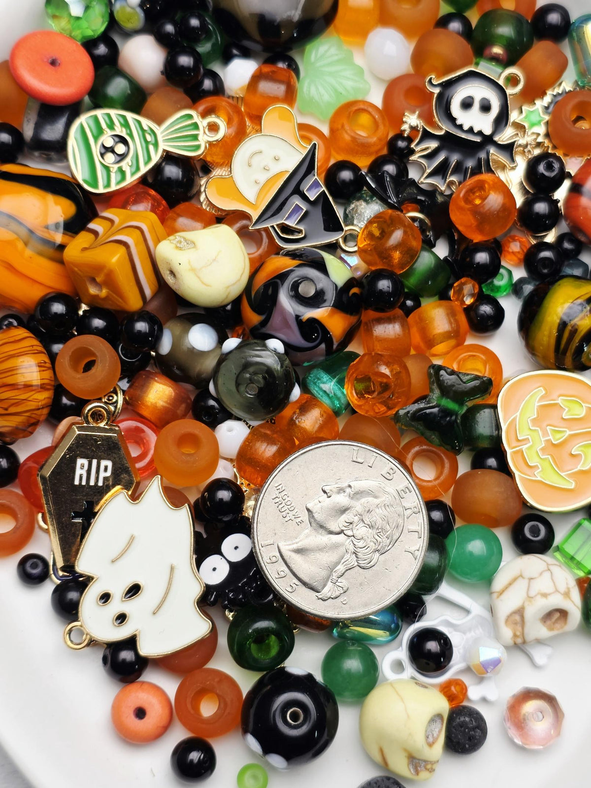 Trick or Treat Bead Soup Mix, Orange Black and Green Glass with Halloween Enamel Charms | Halloween Beads | DIY Jewelry Kit