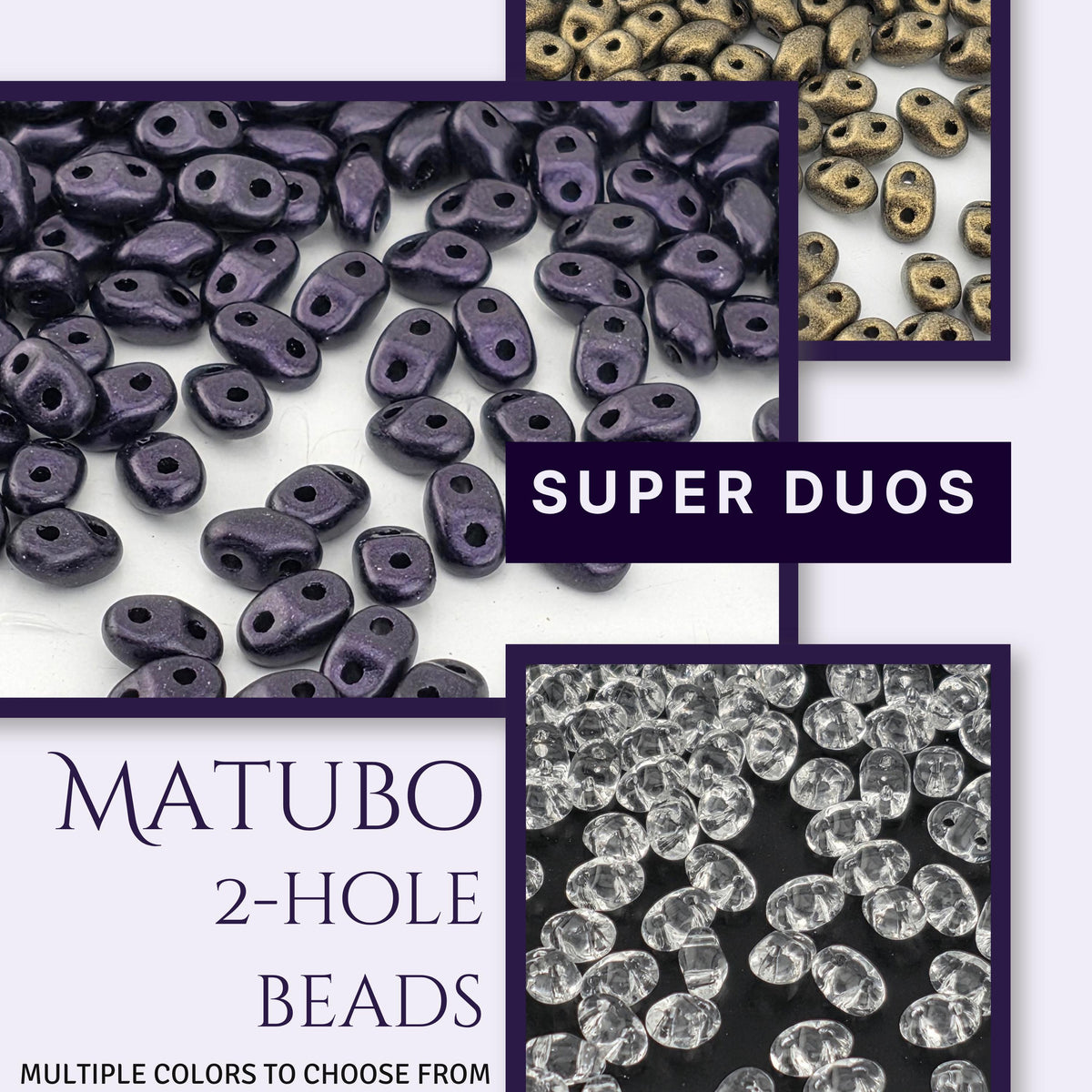 The image is a collage of various colored beads, including purple, gold, and clear beads, arranged in a visually appealing manner.