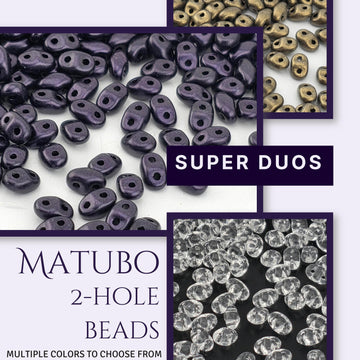 The image is a collage of various colored beads, including purple, gold, and clear beads, arranged in a visually appealing manner.