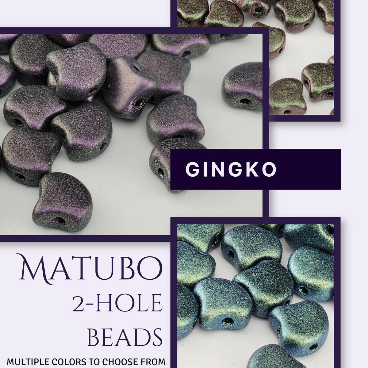 The image is a collage of three images showing different colored beads, with the central image being a close-up of the beads.