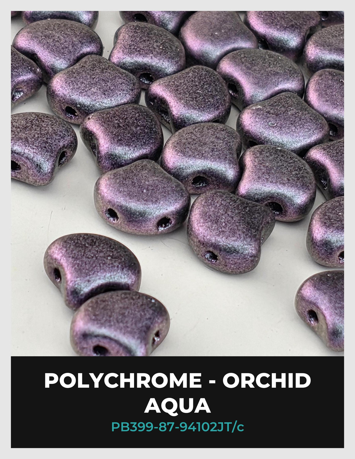 a collection of purple beads, specifically Polychrome - Orchid Aqua beads, arranged on a white background.