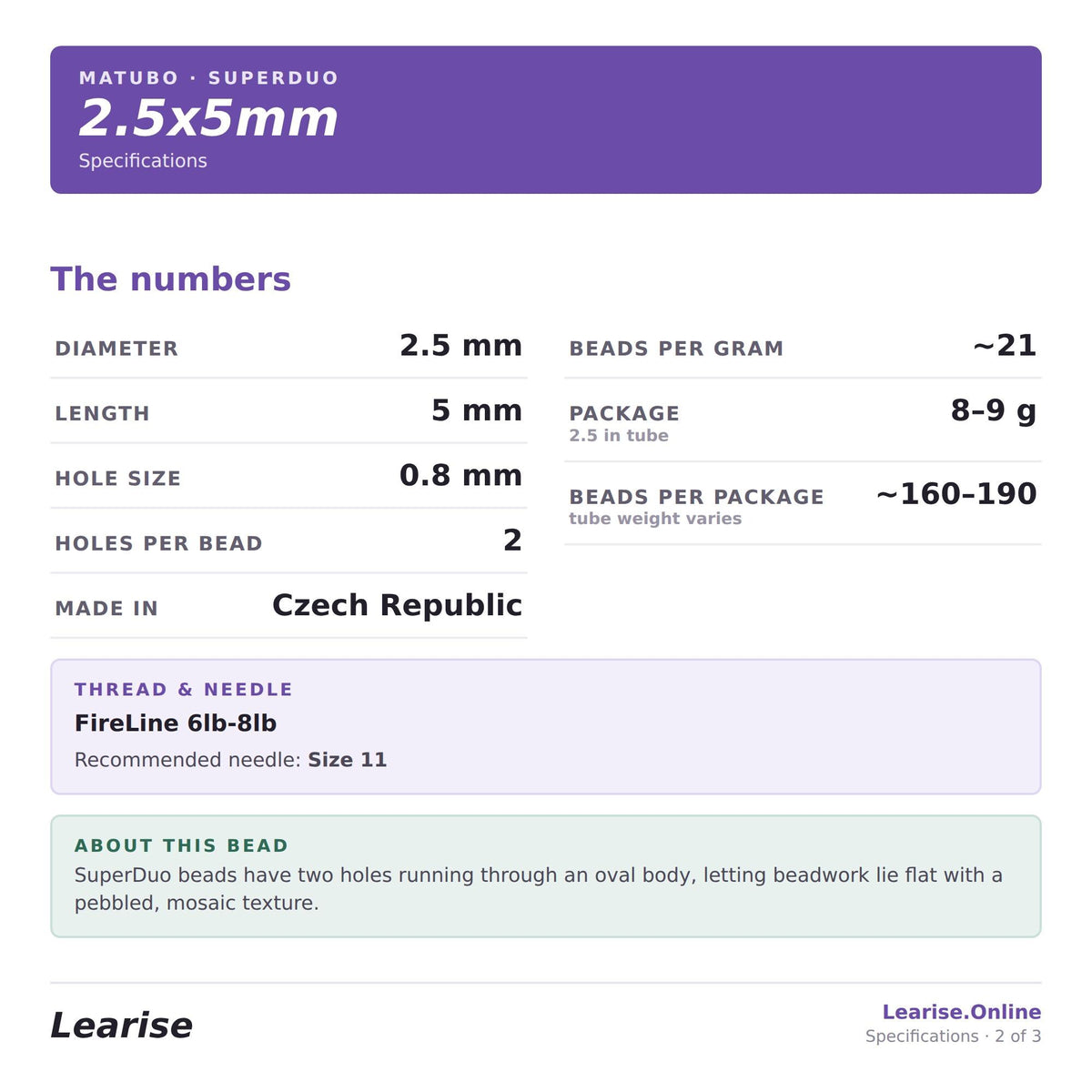 The image is a specifications page for a Matuto Super Duo 2.5x5mm bead.