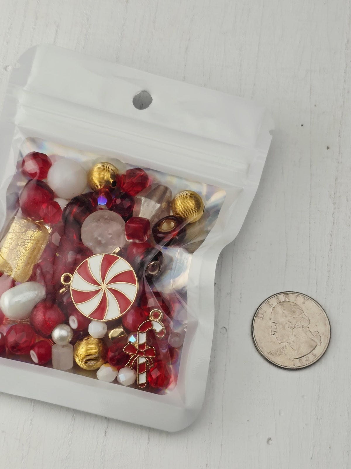 Candy Cane Lane Bead Soup Mix, Peppermint Red White and Gold Glass | Christmas Beads | DIY Jewelry Kit
