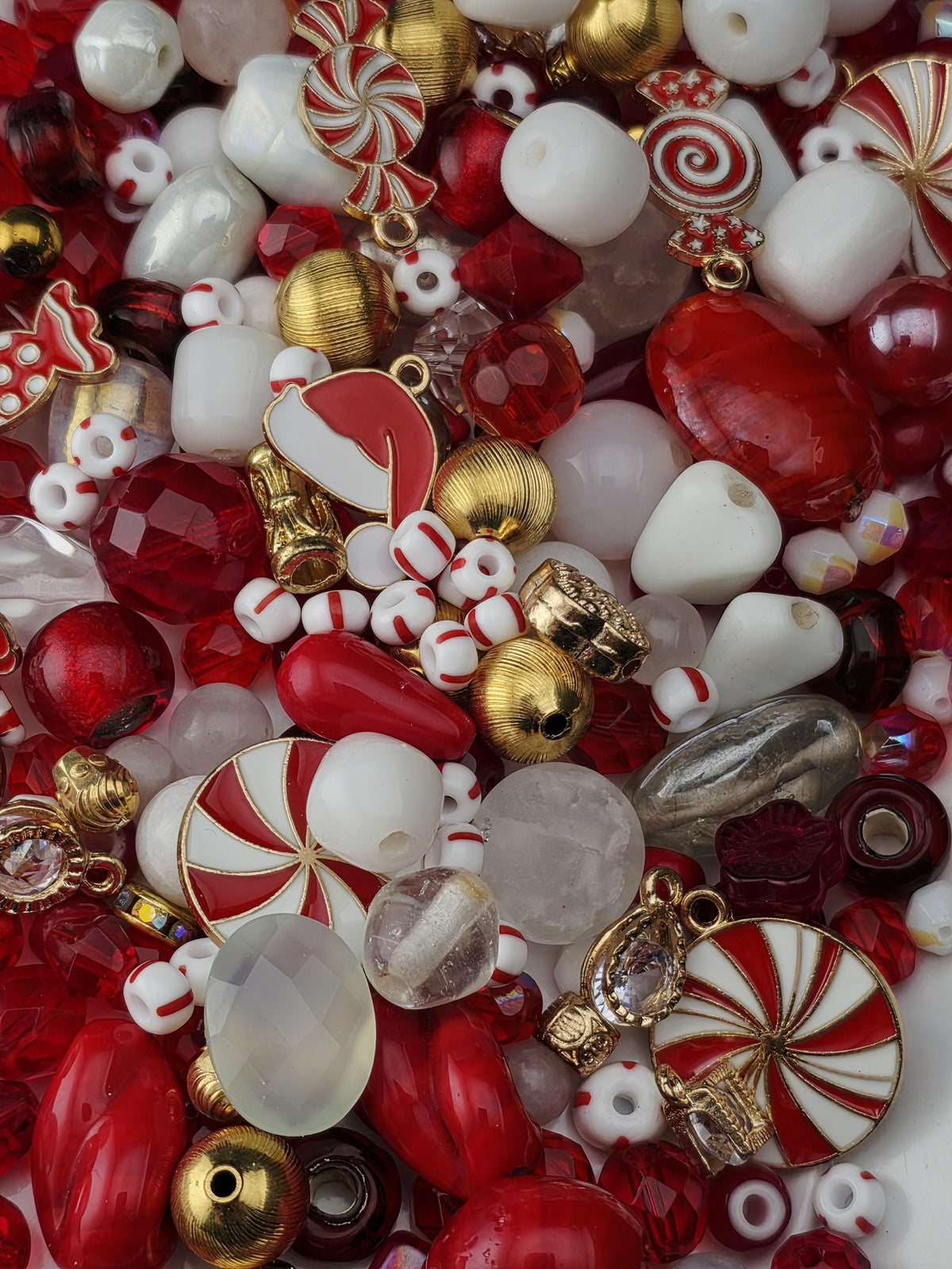 Candy Cane Lane Bead Soup Mix, Peppermint Red White and Gold Glass | Christmas Beads | DIY Jewelry Kit