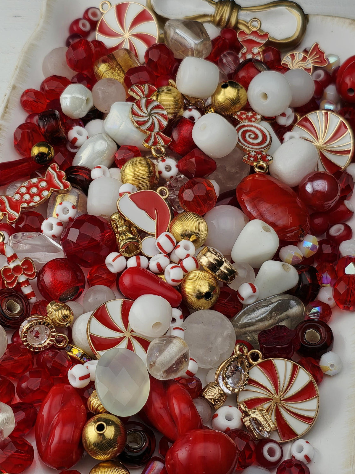 Candy Cane Lane Bead Soup Mix, Peppermint Red White and Gold Glass | Christmas Beads | DIY Jewelry Kit