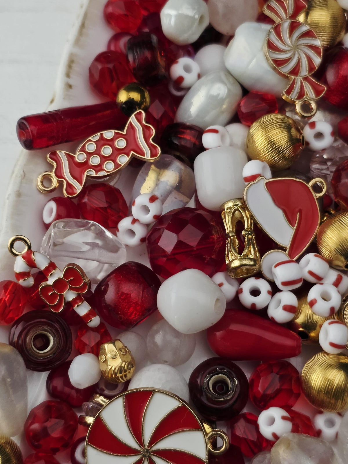Candy Cane Lane Bead Soup Mix, Peppermint Red White and Gold Glass | Christmas Beads | DIY Jewelry Kit