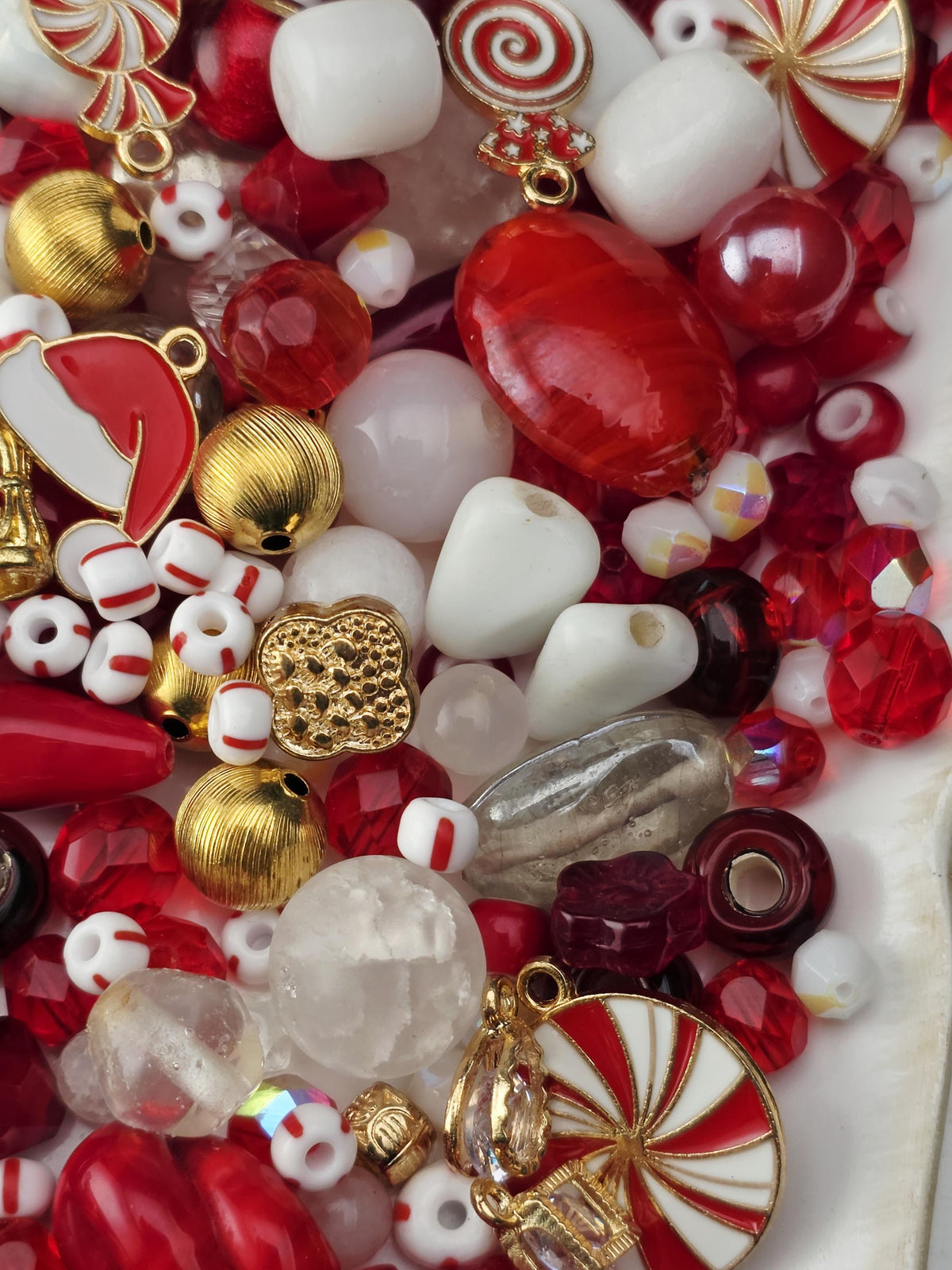 Candy Cane Lane Bead Soup Mix, Peppermint Red White and Gold Glass | Christmas Beads | DIY Jewelry Kit