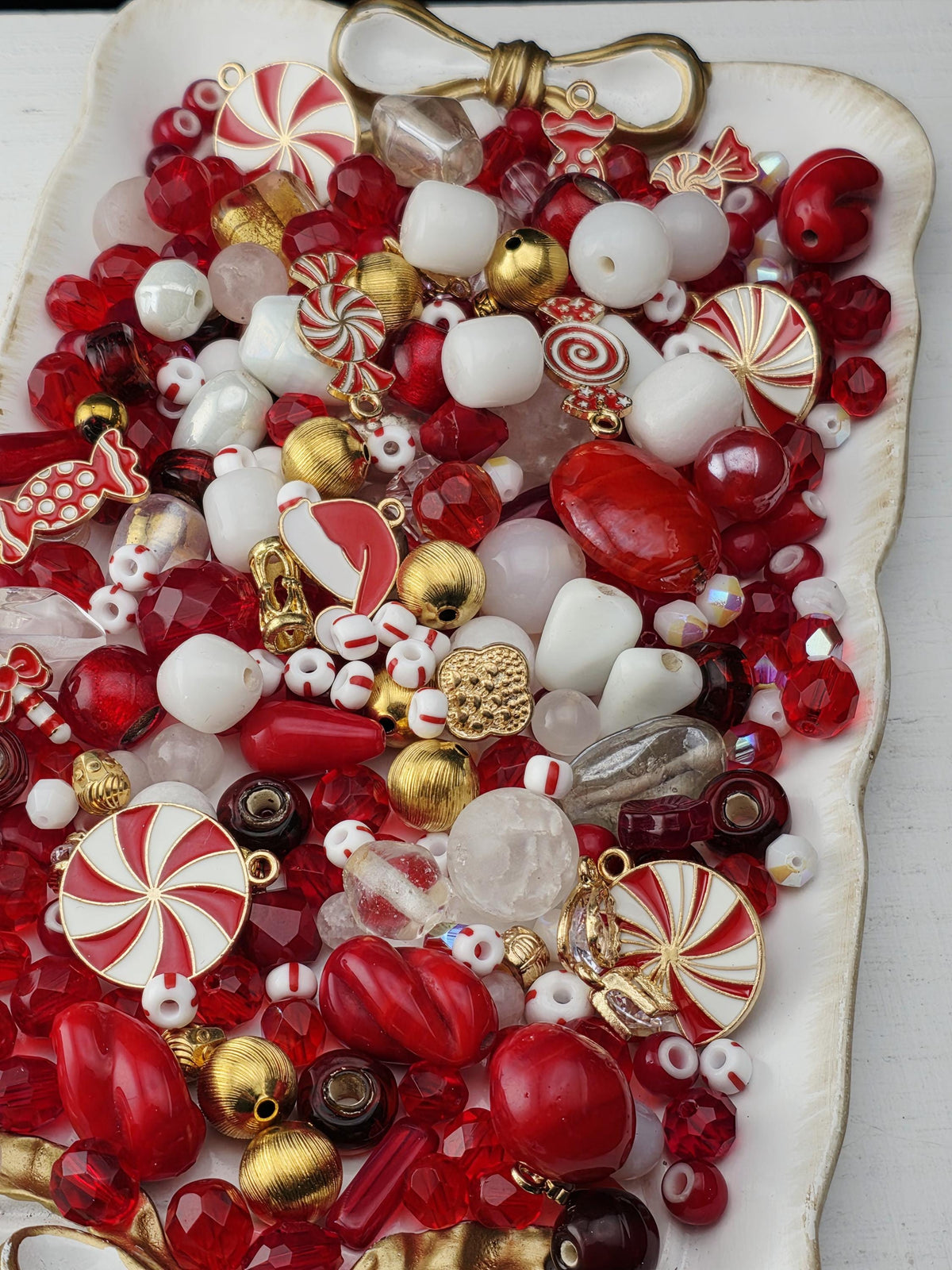 Candy Cane Lane Bead Soup Mix, Peppermint Red White and Gold Glass | Christmas Beads | DIY Jewelry Kit