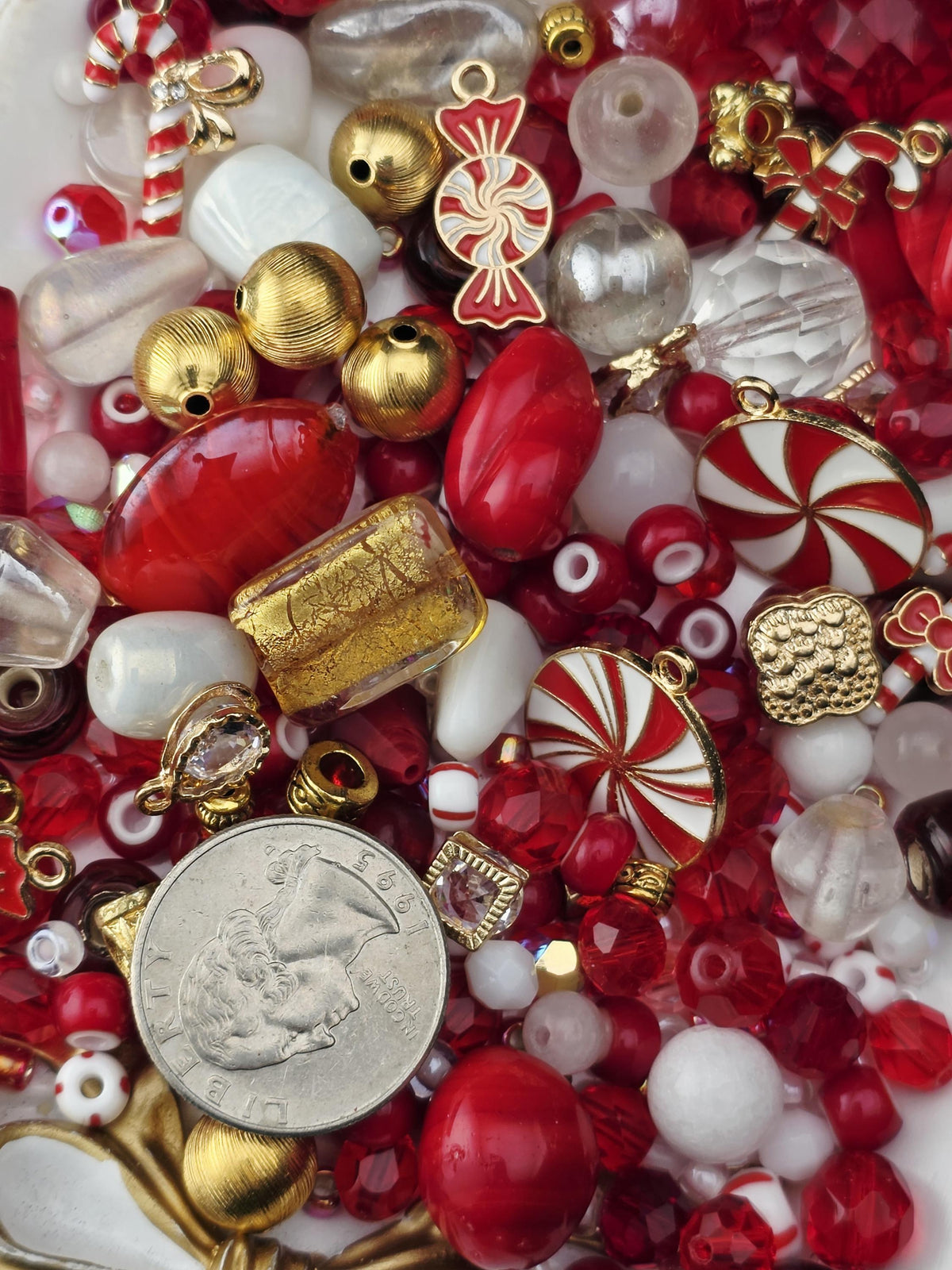 Candy Cane Lane Bead Soup Mix, Peppermint Red White and Gold Glass | Christmas Beads | DIY Jewelry Kit