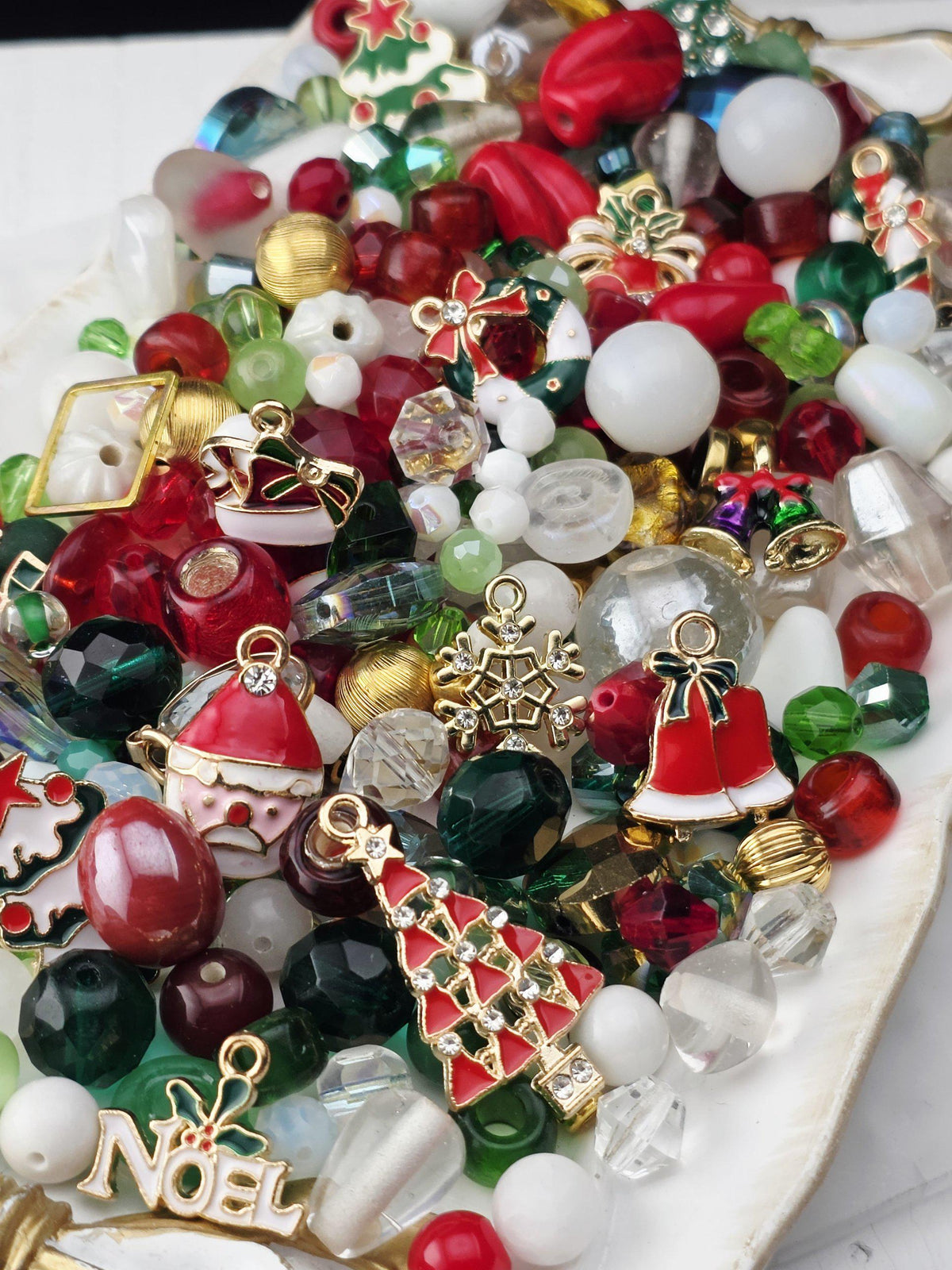 Christmas Charm Bead Soup Mix, Red Green and Gold Glass with Enamel Charms | Christmas Beads | DIY Jewelry Kit