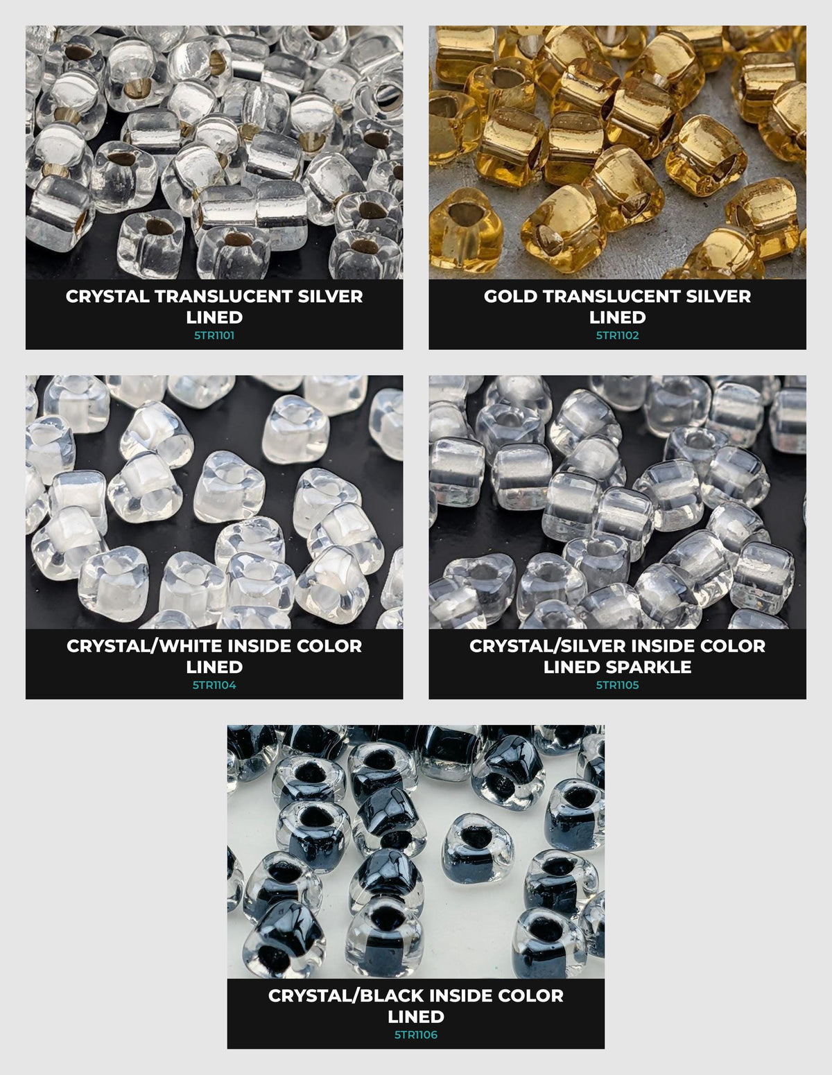 a collection of six different types of beads, each with a unique color and texture. The beads are arranged in a grid format, showcasing the variety of colors and patterns available.