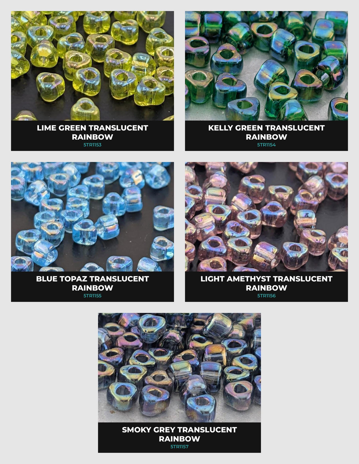 five different images of colored beads, each with a unique color and pattern. The images are labeled with the names of the colors and patterns, such as "Lime Green Translucent Rainbow", "Kelly Green Translucent Rainbow", "Blue Topaz Translucent Rainbow", "Light Amethyst Translucent Rainbow", and "Smoky Grey Translucent Rainbow".