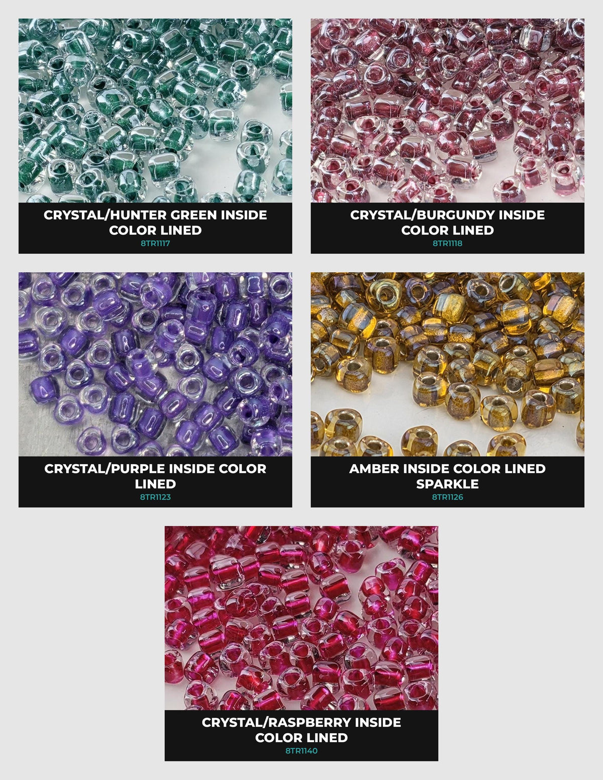 six different colored beads, each with a label indicating the type of bead and its color.