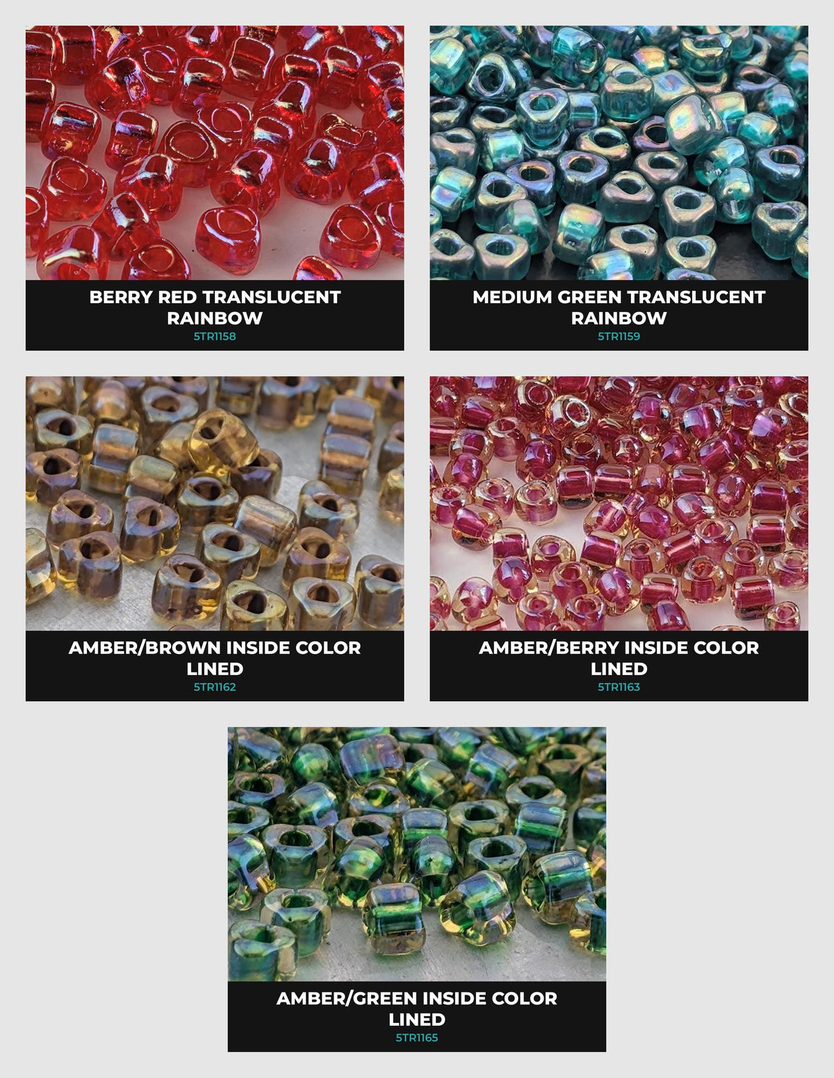 a collection of six different colored beads, each with a unique pattern and color. The beads are arranged in a grid format, with three rows and two columns. The first row features red, blue, and green beads, while the second row displays brown, green, and blue beads. The third row showcases amber, brown, and green beads, with the fourth row containing amber, brown, and green beads, and the fifth row featuring amber, brown, and green beads.
