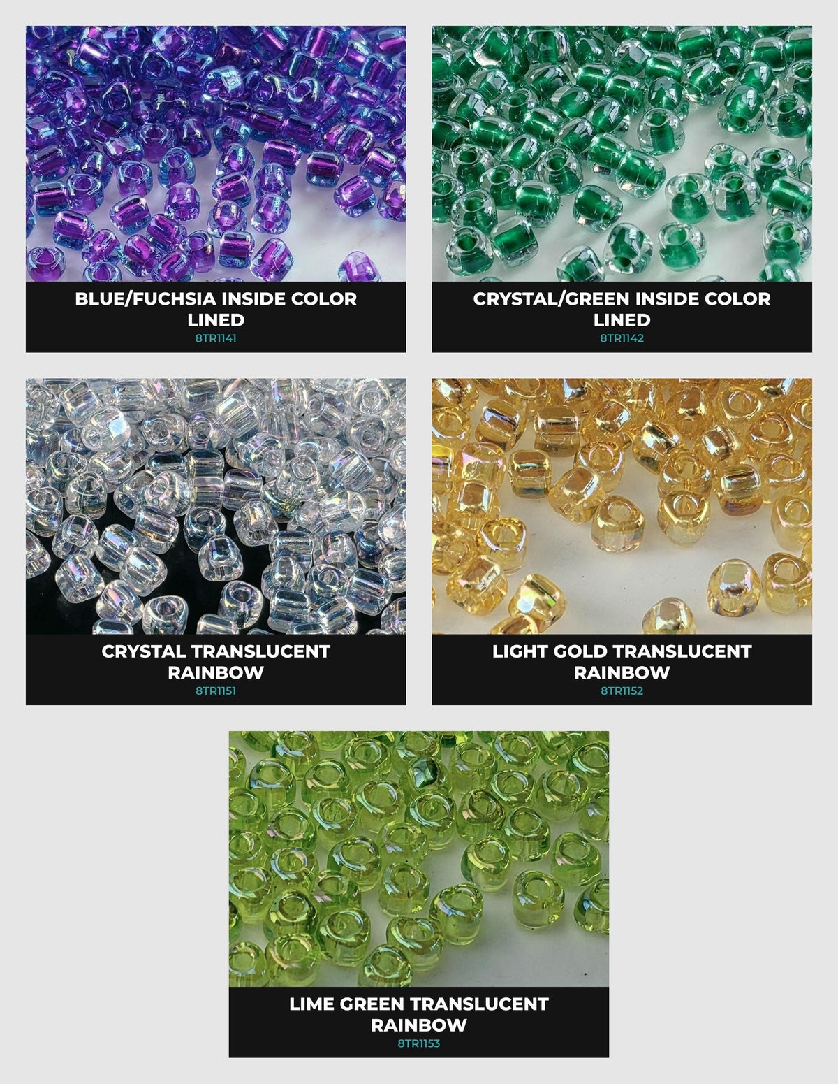 five different colored beads, each with a label indicating the color inside the bead.