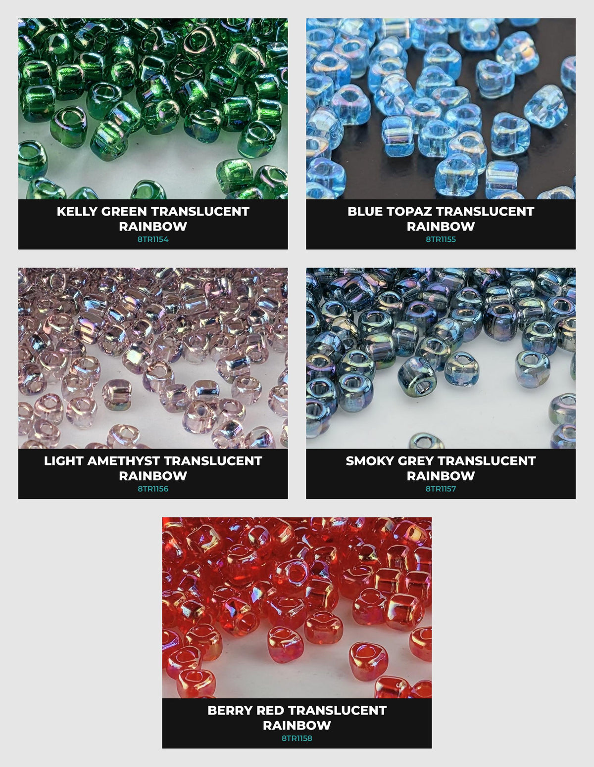 a collection of five different colored beads, including Kelly Green Translucent, Blue Topaz Translucent, Light Amethyst Translucent, Smoky Grey Translucent, and Berry Red Translucent. Each bead has a unique color and pattern, creating a visually appealing and diverse display.