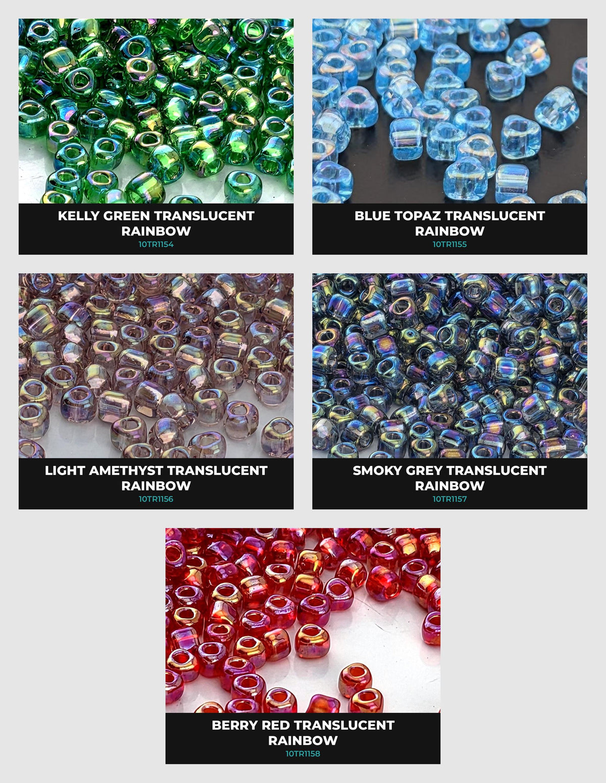 six different images of colorful beads, each with a unique color and pattern. The images are arranged in a grid format, showcasing the variety of the beads.