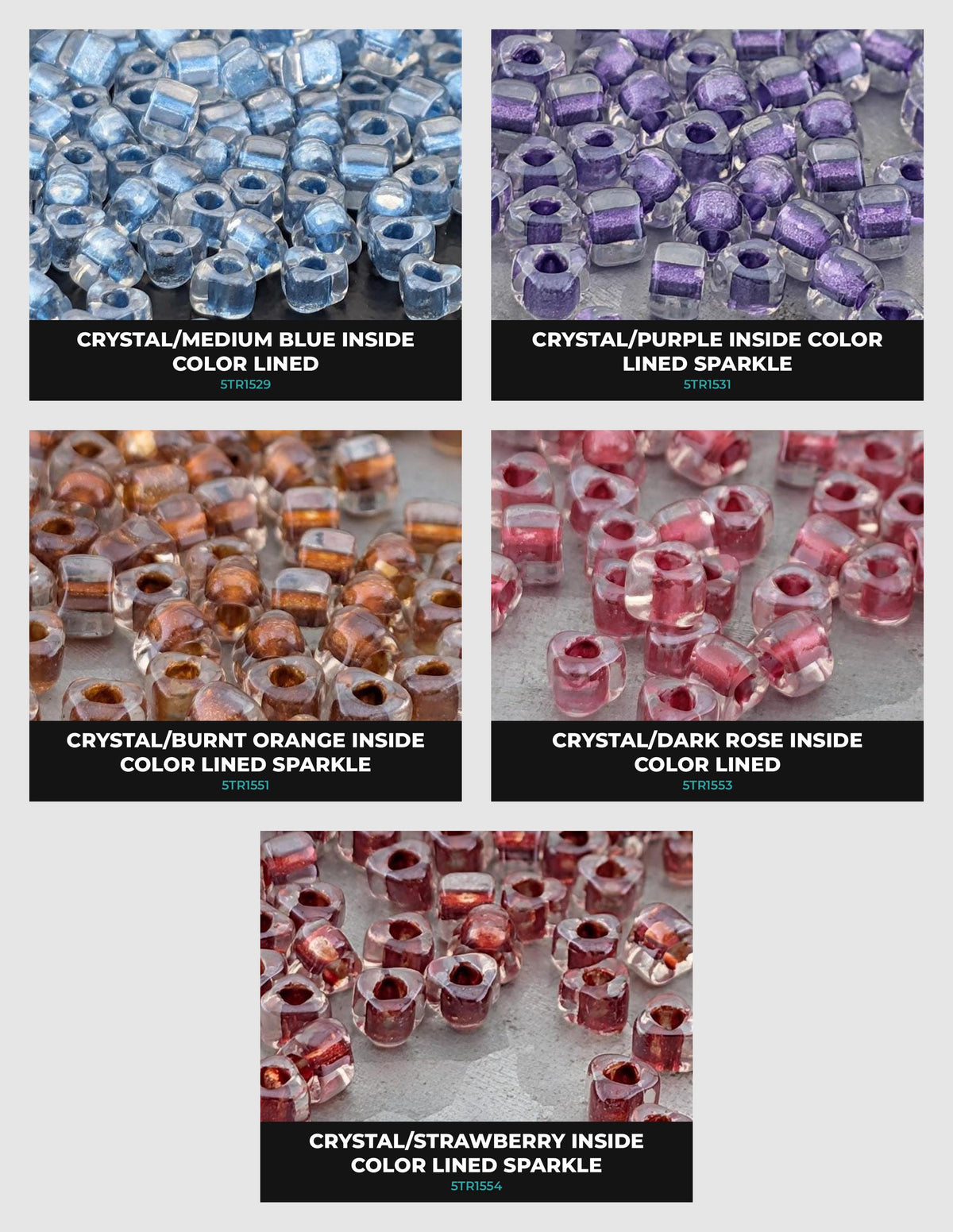 five different images of colored beads, each with a unique color and pattern. The beads are arranged in a grid-like pattern, showcasing various colors and designs.