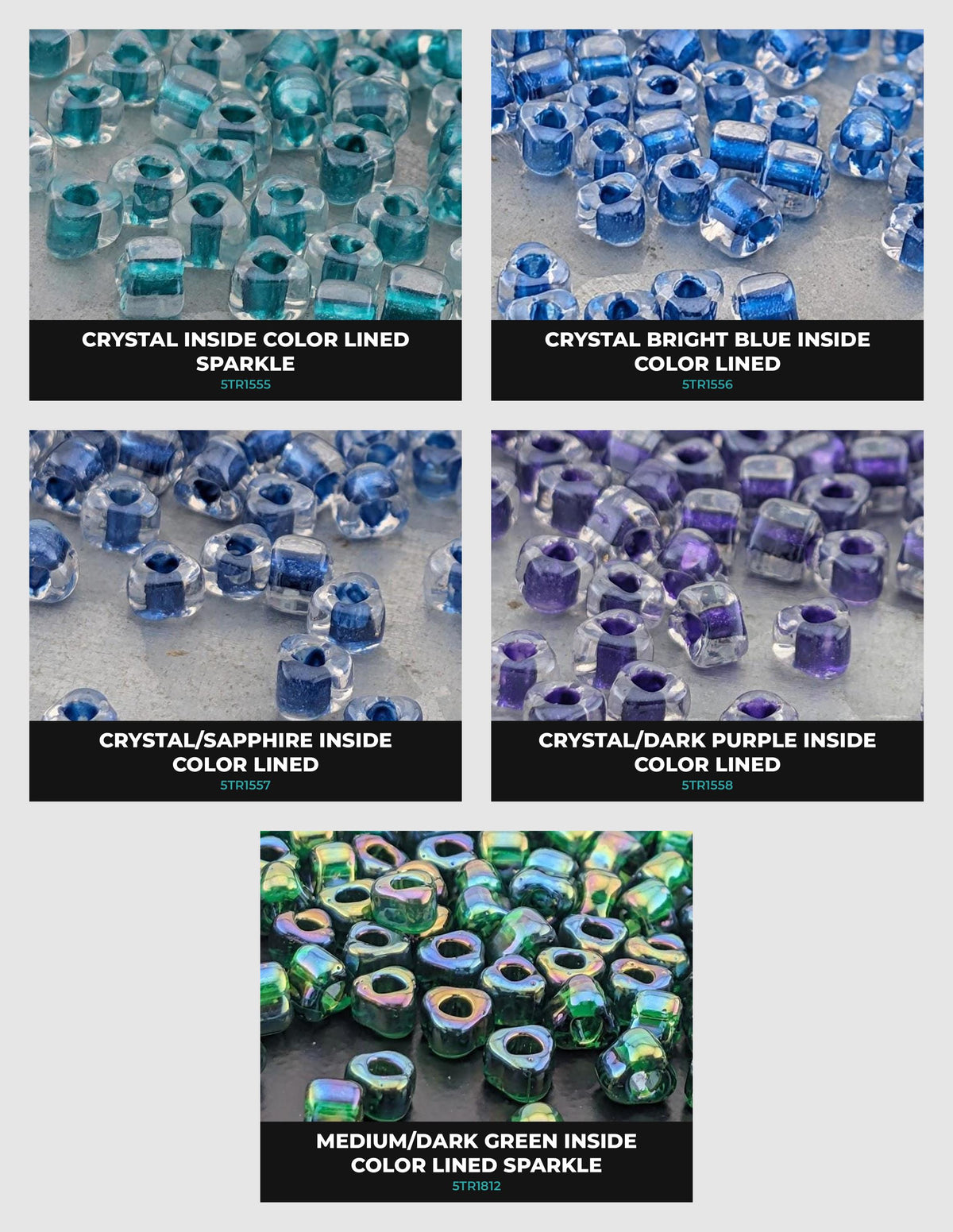 five different images of crystal beads, each with a unique color and pattern. The images are labeled with the names of the colors and patterns, such as "Crystal Inside Color Lined", "Crystal Bright Blue Inside Color Lined", "Crystal Colorlined Inside", "Crystal Dark Purple Inside", and "Crystal Green Inside".