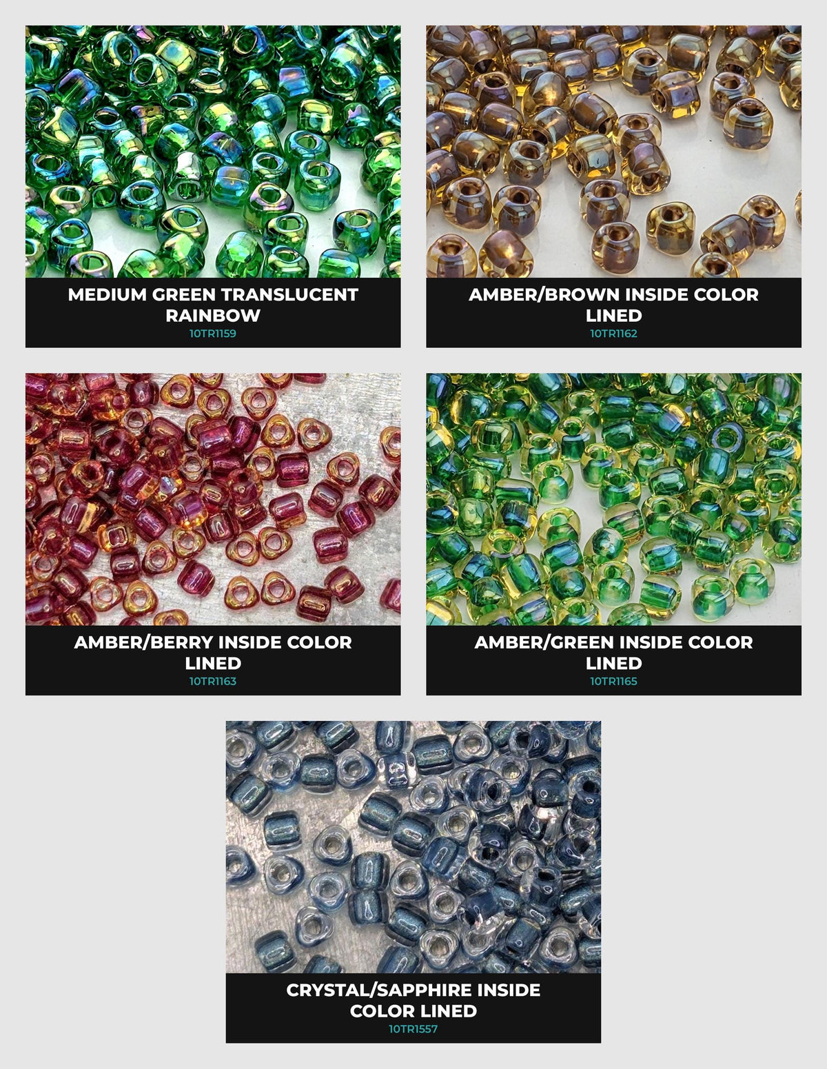 six different colored beads, each with a label indicating the type of bead and its color.