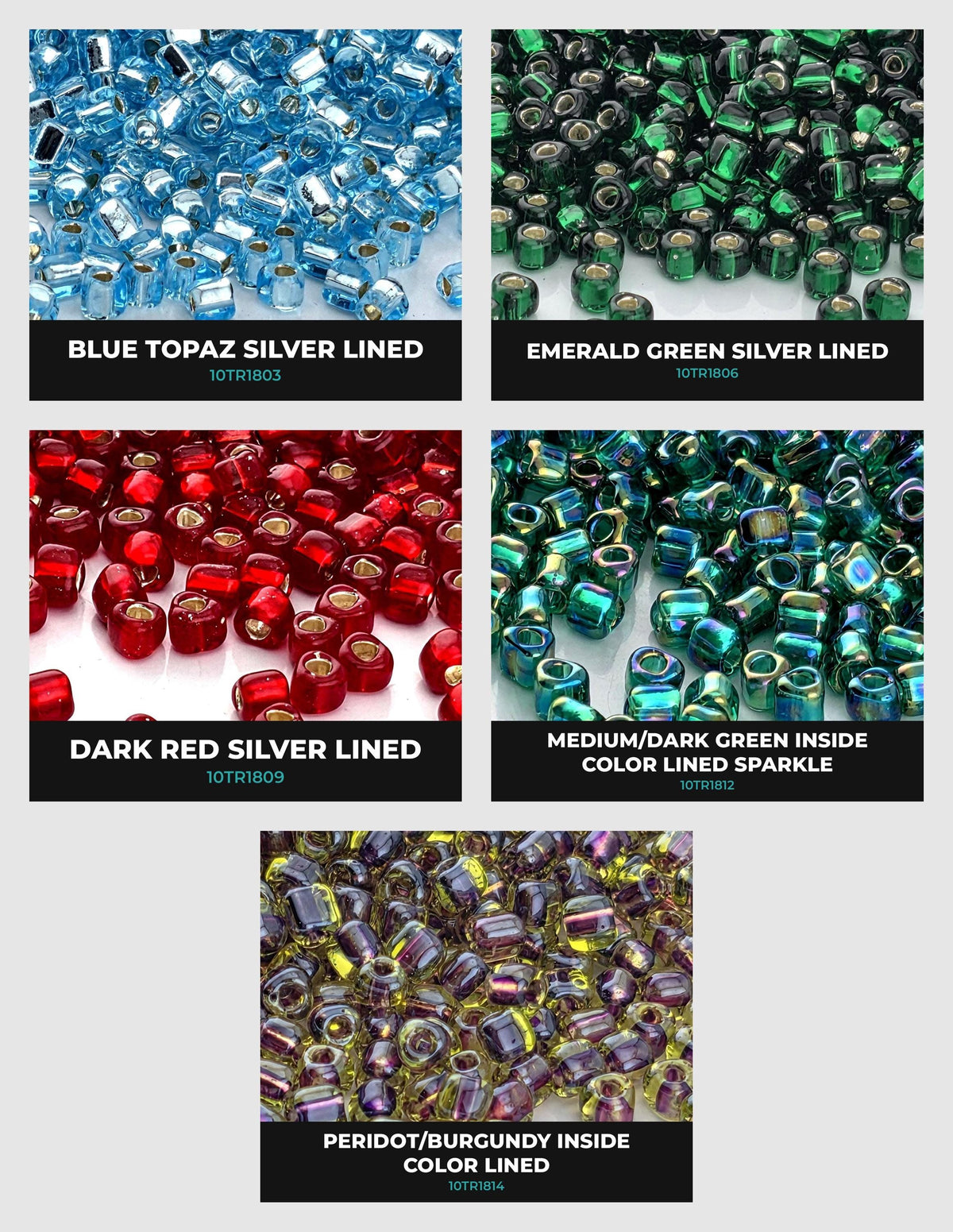 six different colored beads, each with a unique pattern and color, arranged in a grid format.