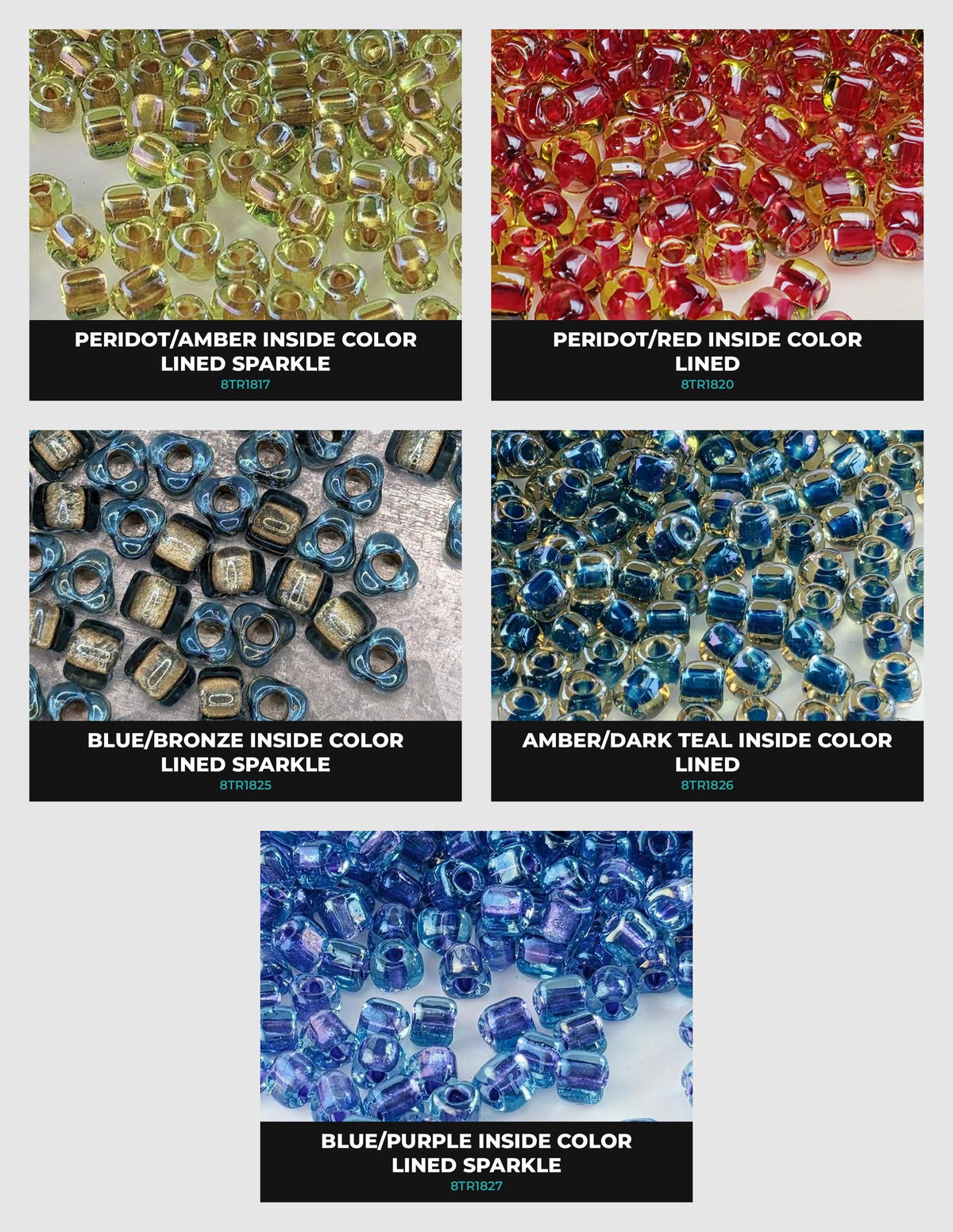 six different colored beads, each with a unique pattern and color. The beads are arranged in two rows, with three beads in each row. The first row features beads in various colors, including blue, purple, and red, while the second row has beads in a different color scheme, such as yellow, green, and blue. The image does not contain any text, and the arrangement of the beads and their colors create a visually appealing and diverse display.