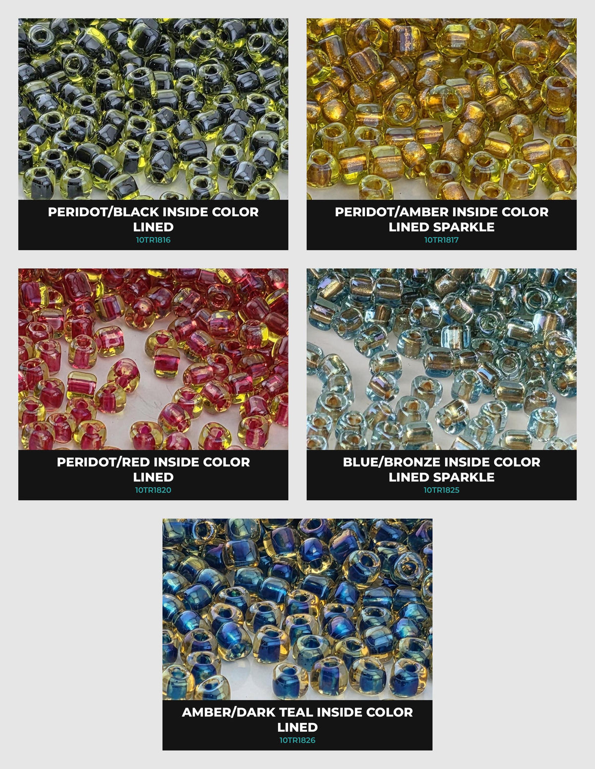 six different colored beads, each with a unique pattern and color, arranged in a grid-like pattern.