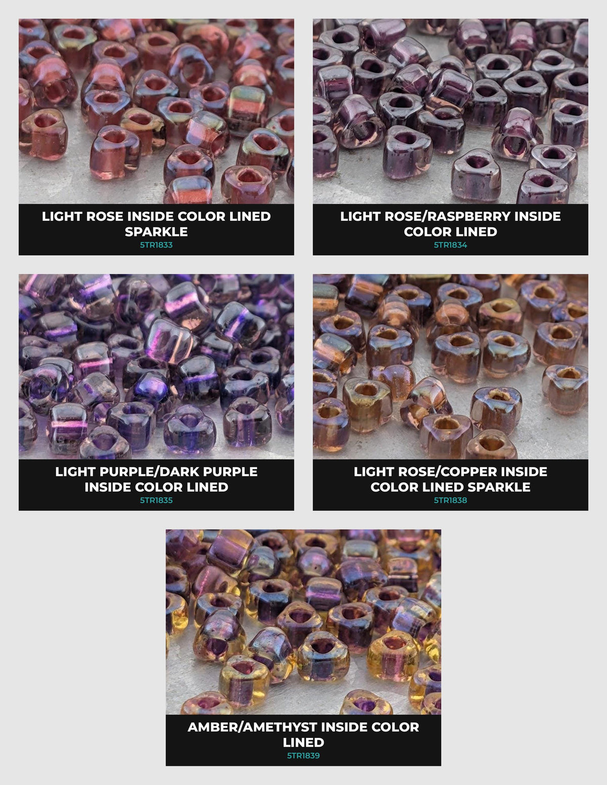 a collection of five different types of beads, each with a unique color and texture. The beads are arranged in a grid format, showcasing the variety of colors and patterns available.