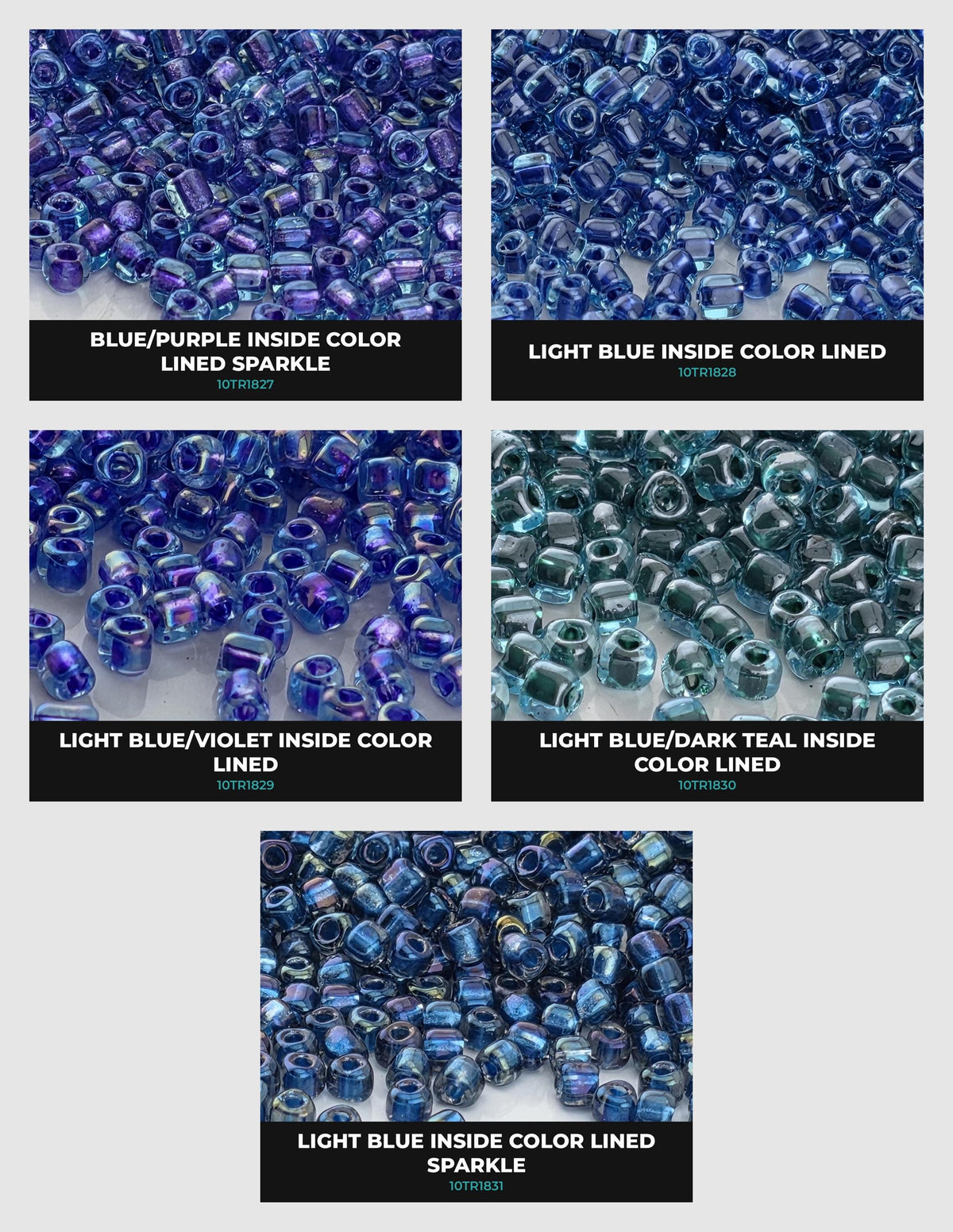 a collection of five different colored beads, each with varying shades of blue and purple. The beads are arranged in a grid-like pattern, showcasing the different color variations.