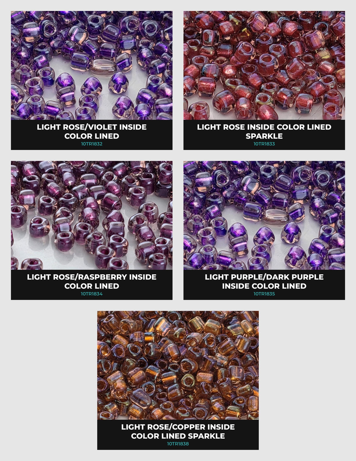 a collection of six different colored beads, each with a unique color and pattern. The beads are arranged in a grid format, with three rows and two columns. The colors of the beads include light rose/violet, light rose/color lined, light rose/inside color lined, light purple/inside color lined, light purple/inside color sparkling, and light rose/copper inside.