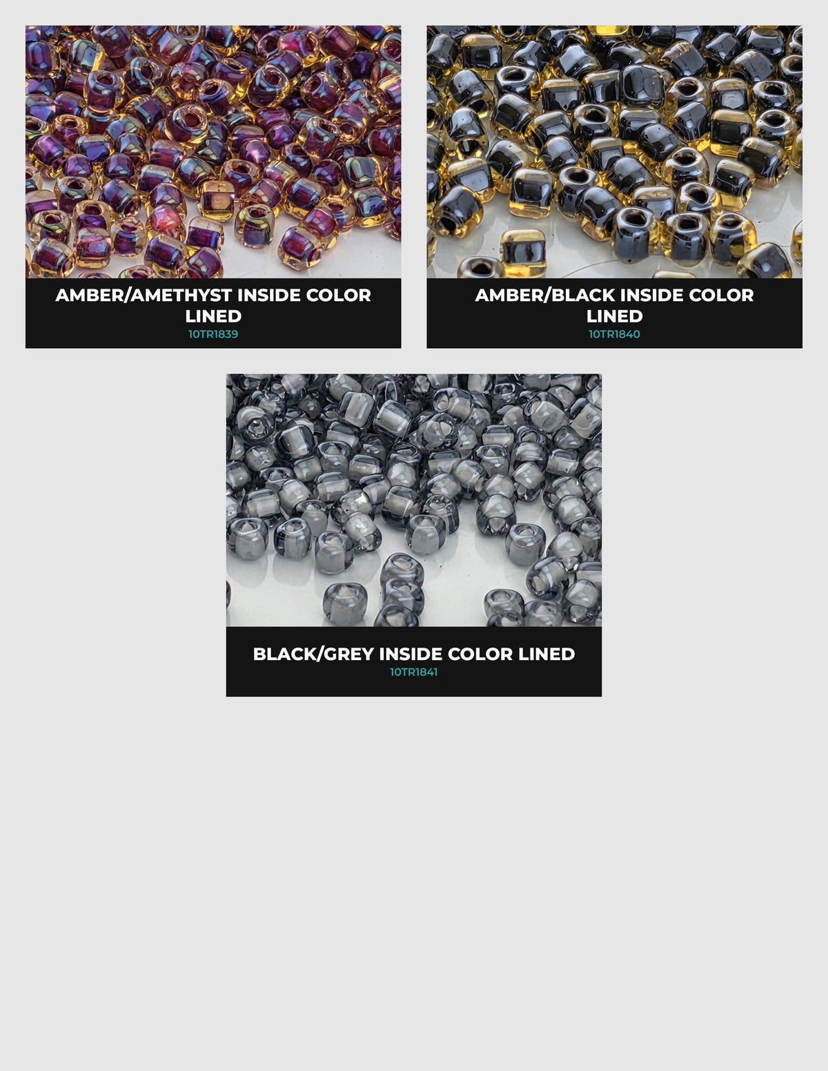three separate images of beads, each with a different color inside. The first image shows a large pile of purple beads, the second image displays a pile of black beads, and the third image shows a pile of grey beads.