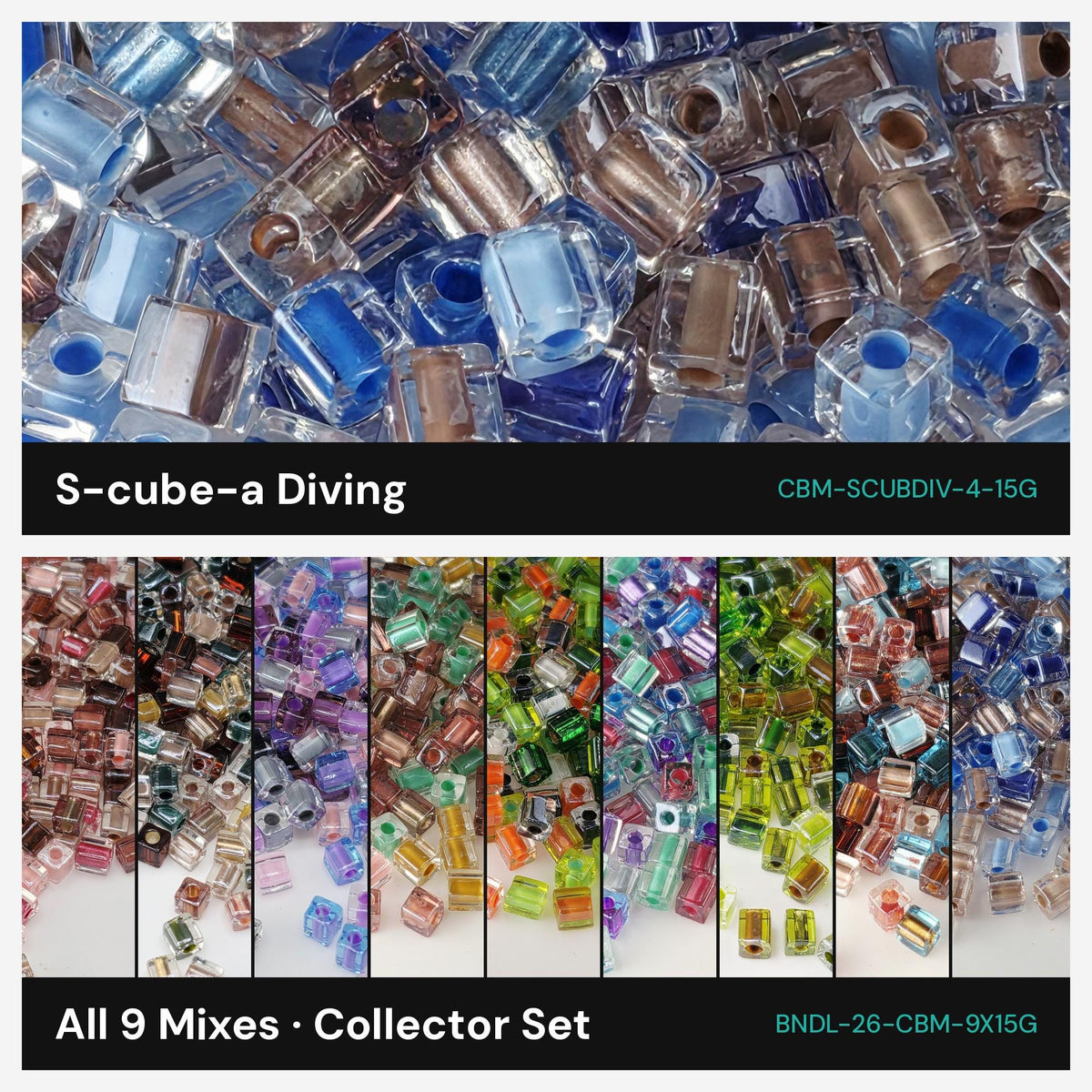 The image is a collage of various colored glass beads, including clear, blue, and multicolored glass beads, arranged in different shapes and sizes.