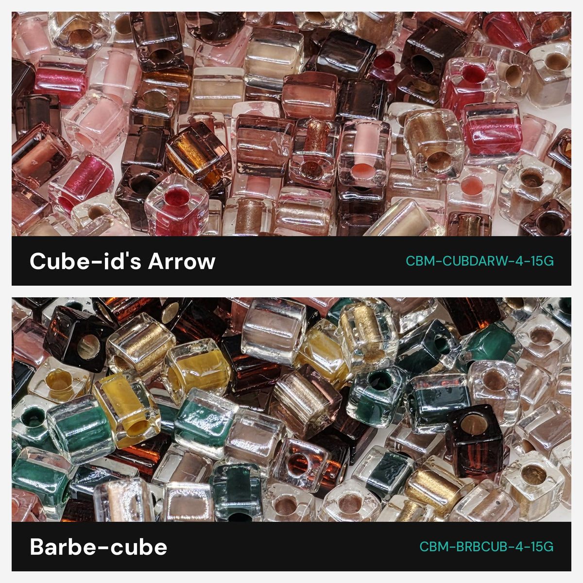 two separate sections, each showcasing a different type of decorative element: a collection of colorful glass beads and a collection of glass cubes. The text labels the sections as "Cube-id's Arrow" and "Barbe-cub" respectively.