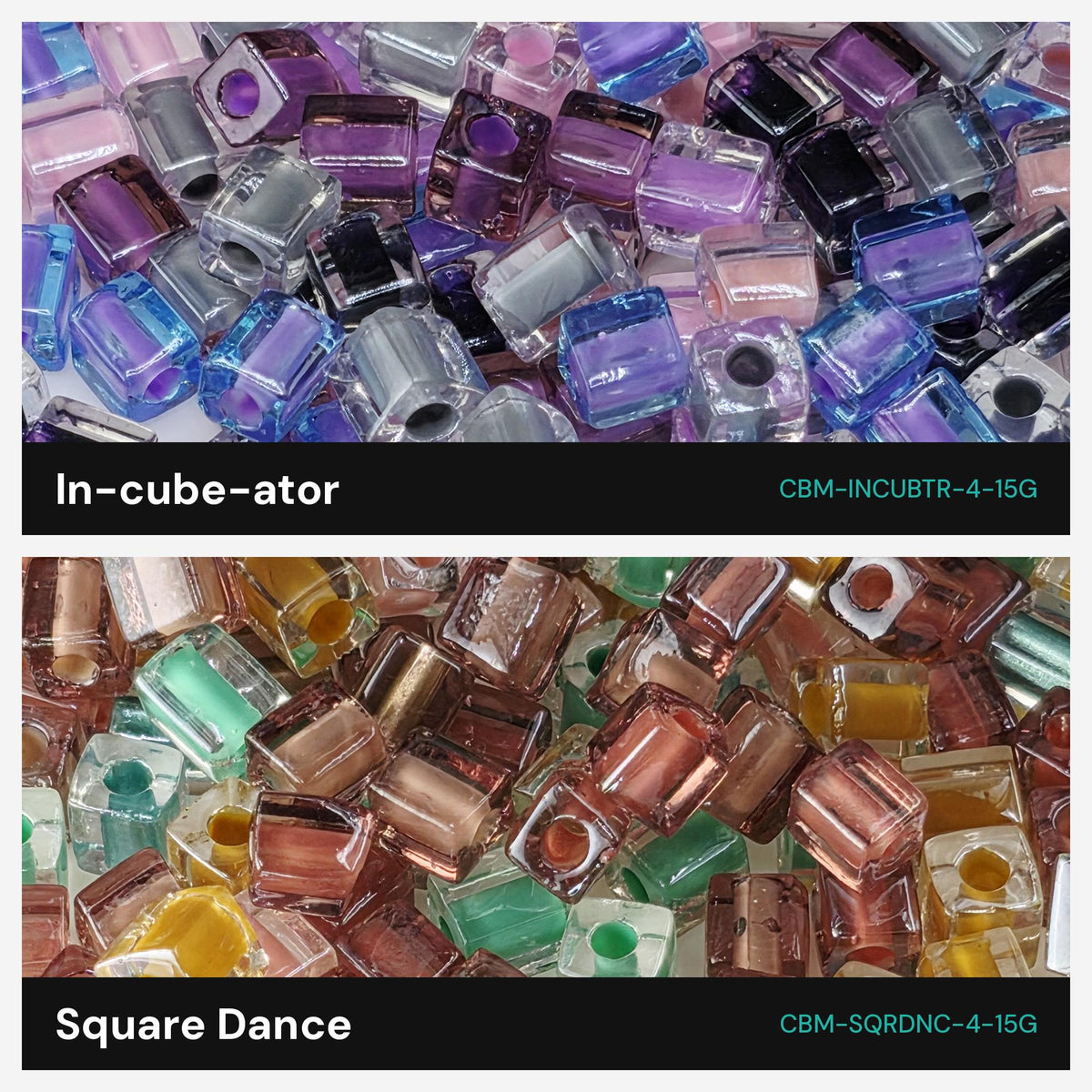 The image is a collage of two different types of glass beads, with one labeled "In-cub-ator" and the other labeled "CM-SQRDNC-4-15G". The two images show the beads in various colors and shapes, with the "In-cub-ator" beads appearing in a more intricate and detailed arrangement, while the "CM-SQRDNC-4-15G" beads are more randomly scattered and less detailed.