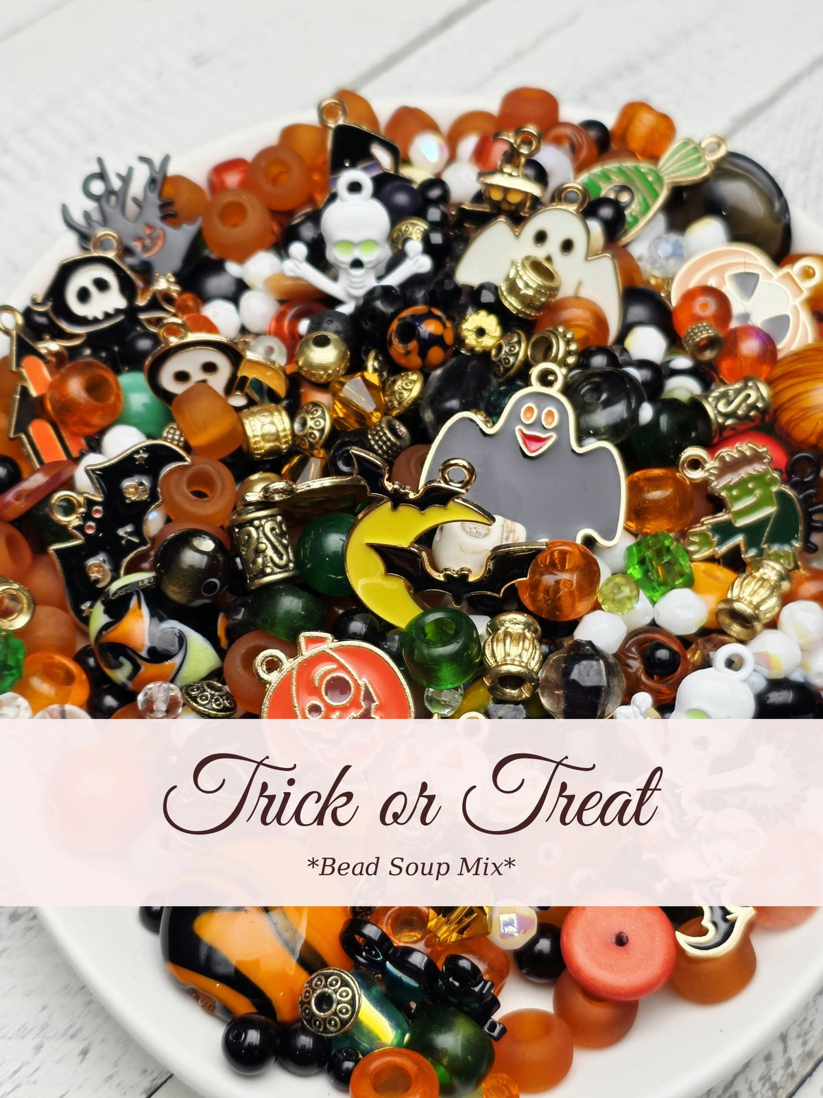 Trick or Treat Bead Soup Mix, Orange Black and Green Glass with Halloween Enamel Charms | Halloween Beads | DIY Jewelry Kit