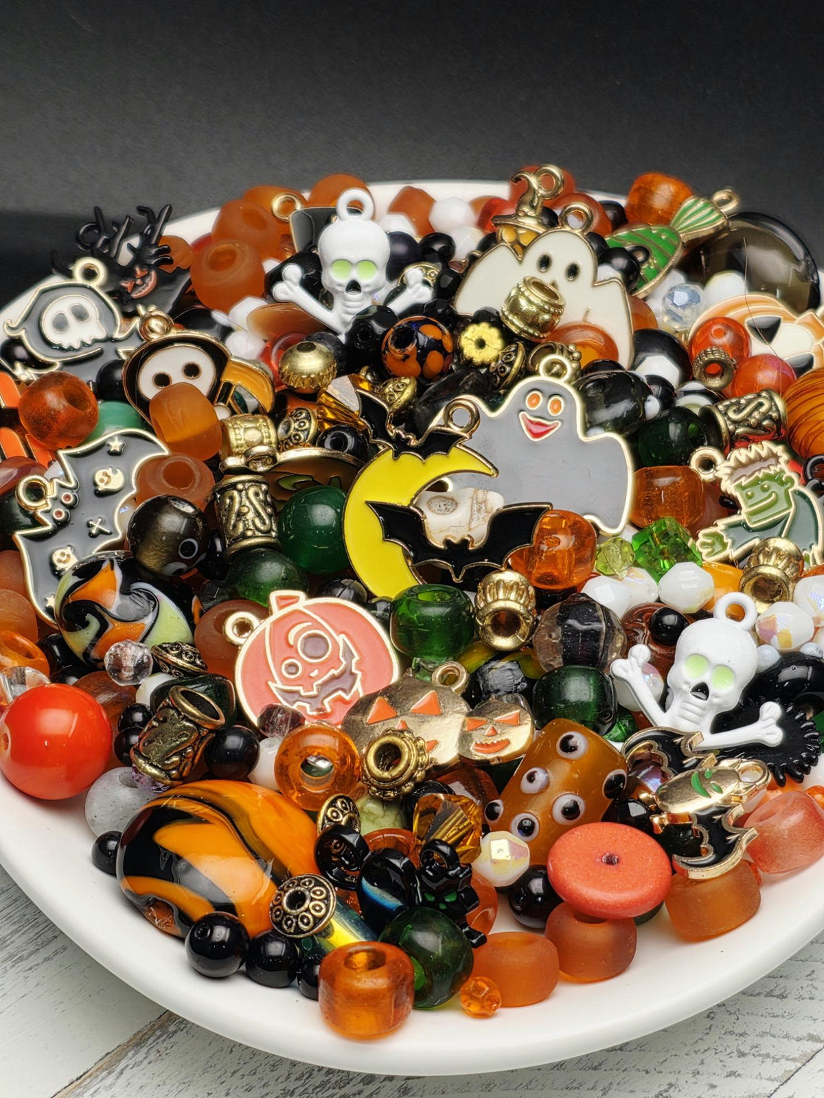 Trick or Treat Bead Soup Mix, Orange Black and Green Glass with Halloween Enamel Charms | Halloween Beads | DIY Jewelry Kit