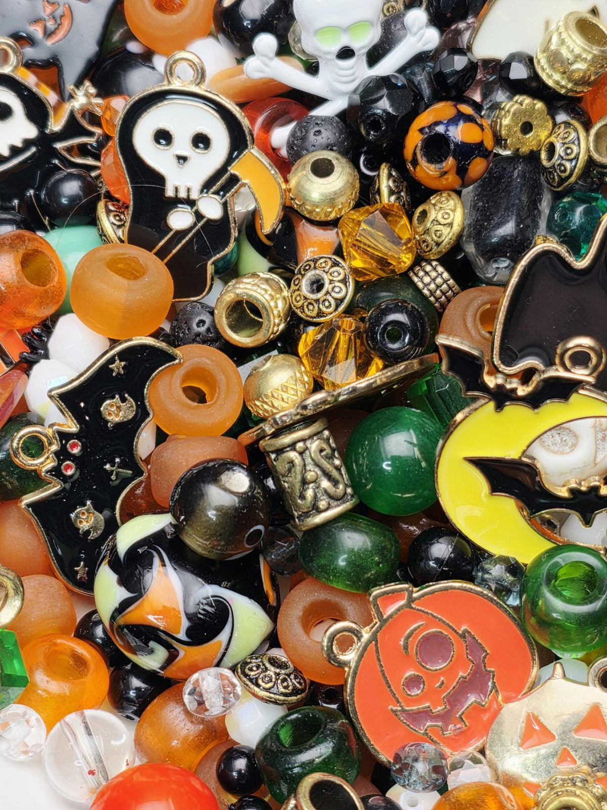 Trick or Treat Bead Soup Mix, Orange Black and Green Glass with Halloween Enamel Charms | Halloween Beads | DIY Jewelry Kit