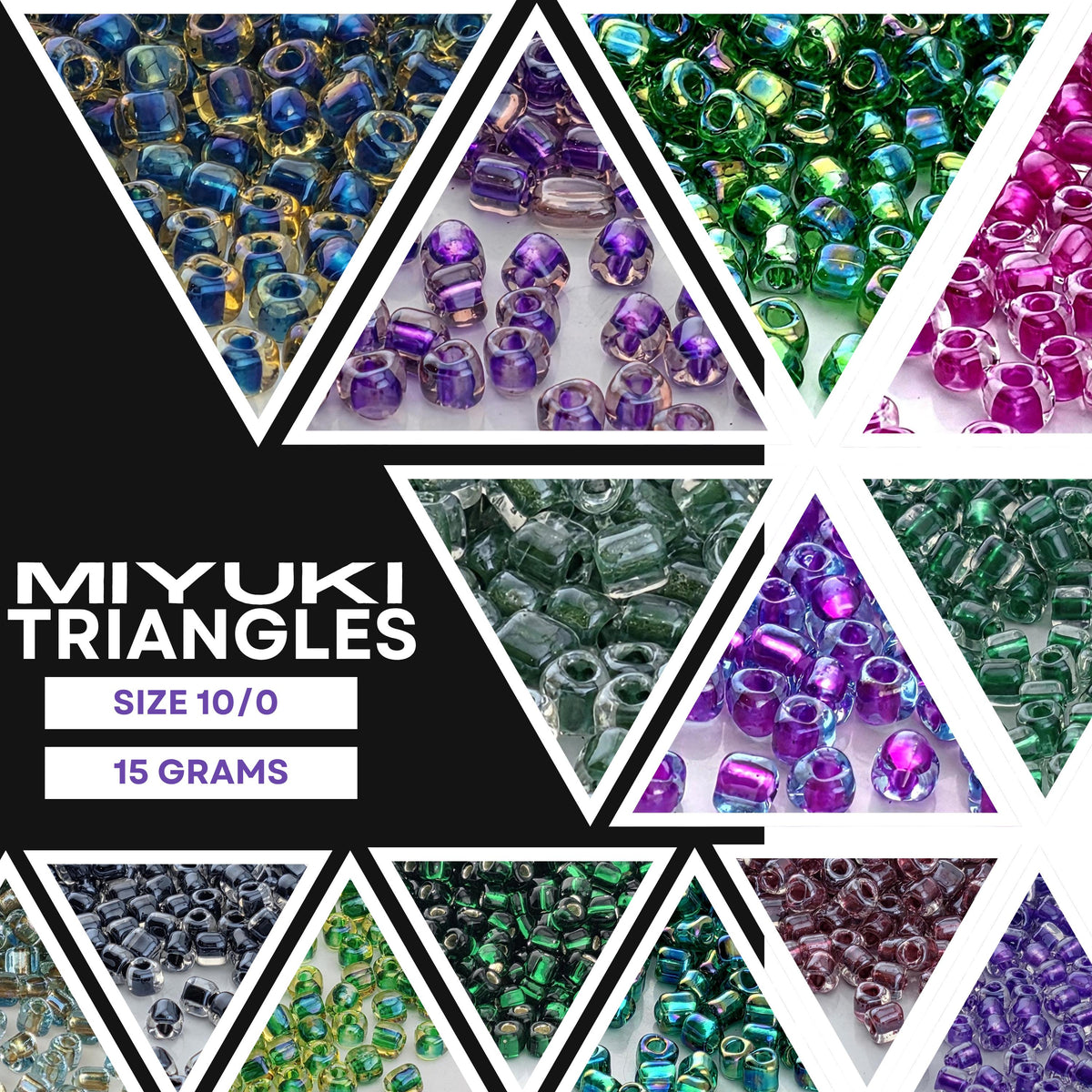 The image is a collage of various colorful beads, including Miyuki triangles, arranged in a visually appealing manner.