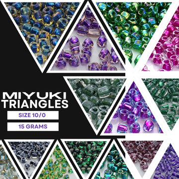 The image is a collage of various colorful beads, including Miyuki triangles, arranged in a visually appealing manner.